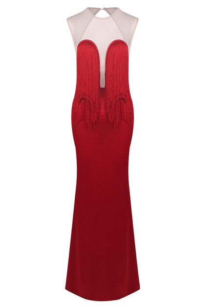 Tassel Detail Mesh Insert Maxi Dress Red