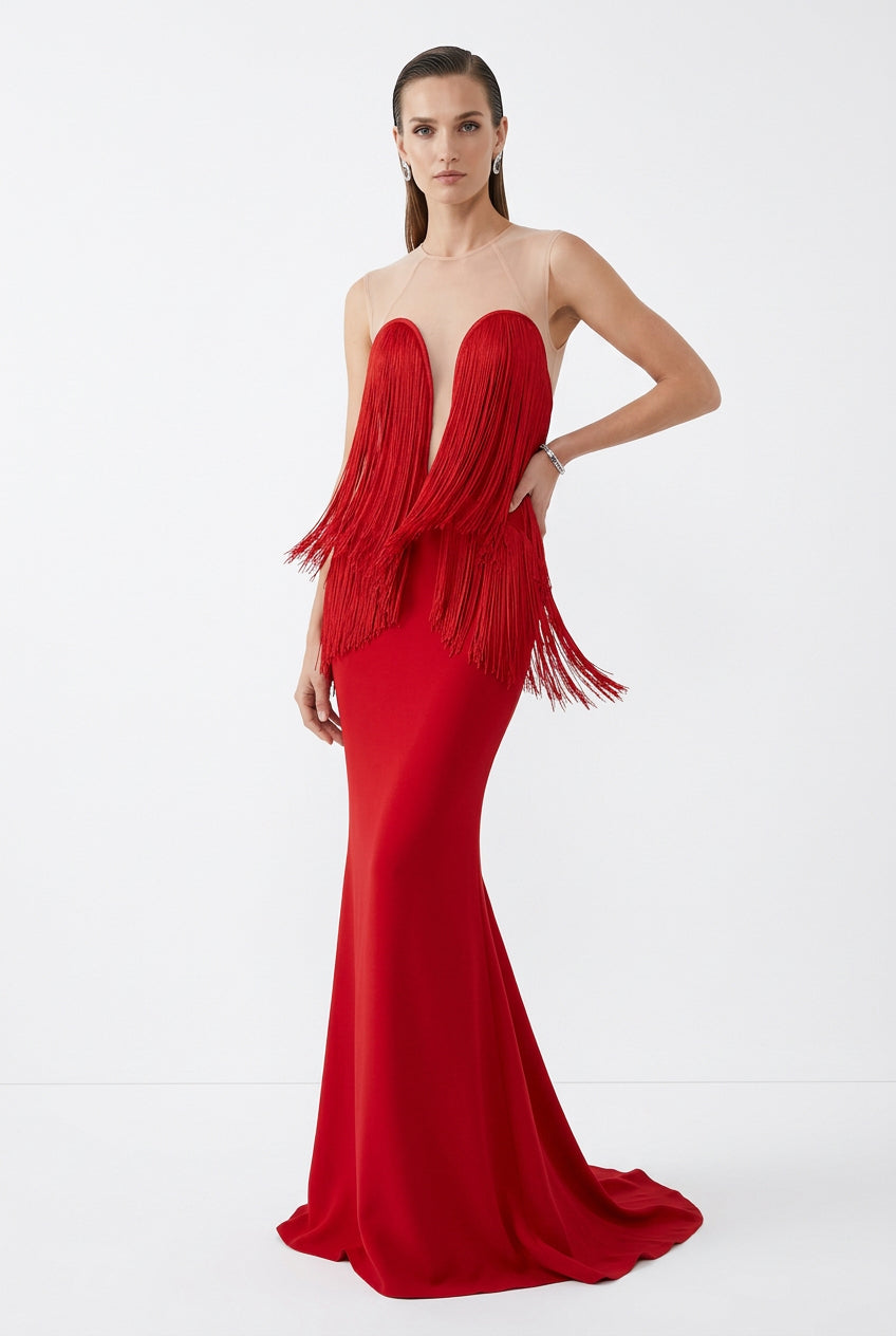 Tassel Detail Mesh Insert Maxi Dress Red