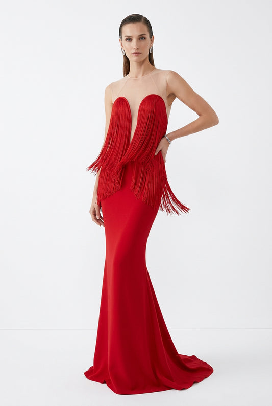 Tassel Detail Mesh Insert Maxi Dress Red