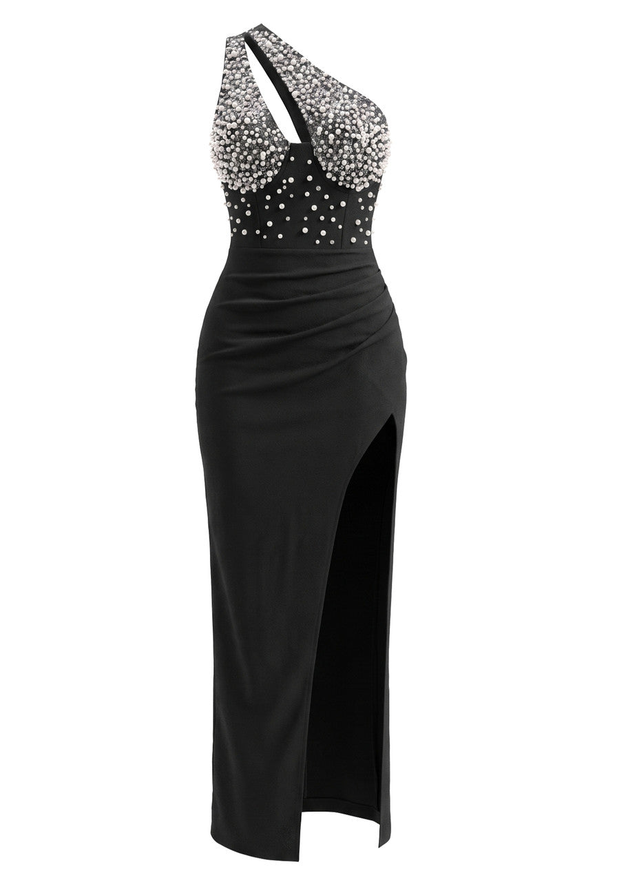 One Shoulder Embellished Bustier Maxi Dress Black