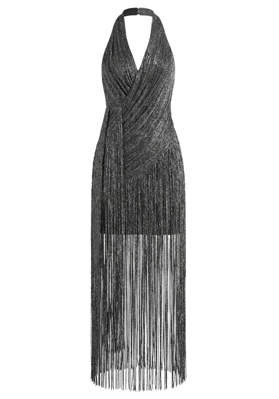 Halter Tassel Maxi Dress Silver Black