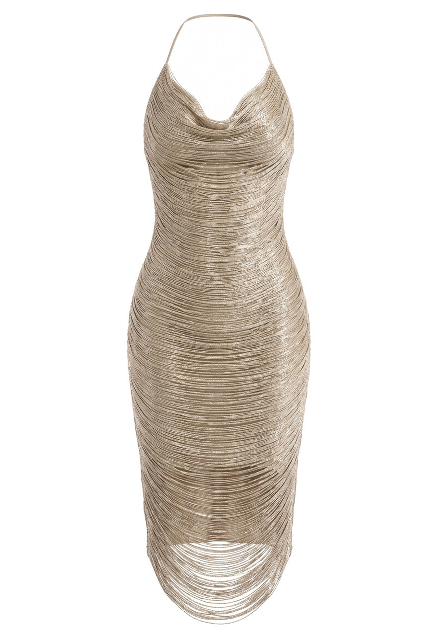 Halter Tassel Detail Midi Dress Champagne
