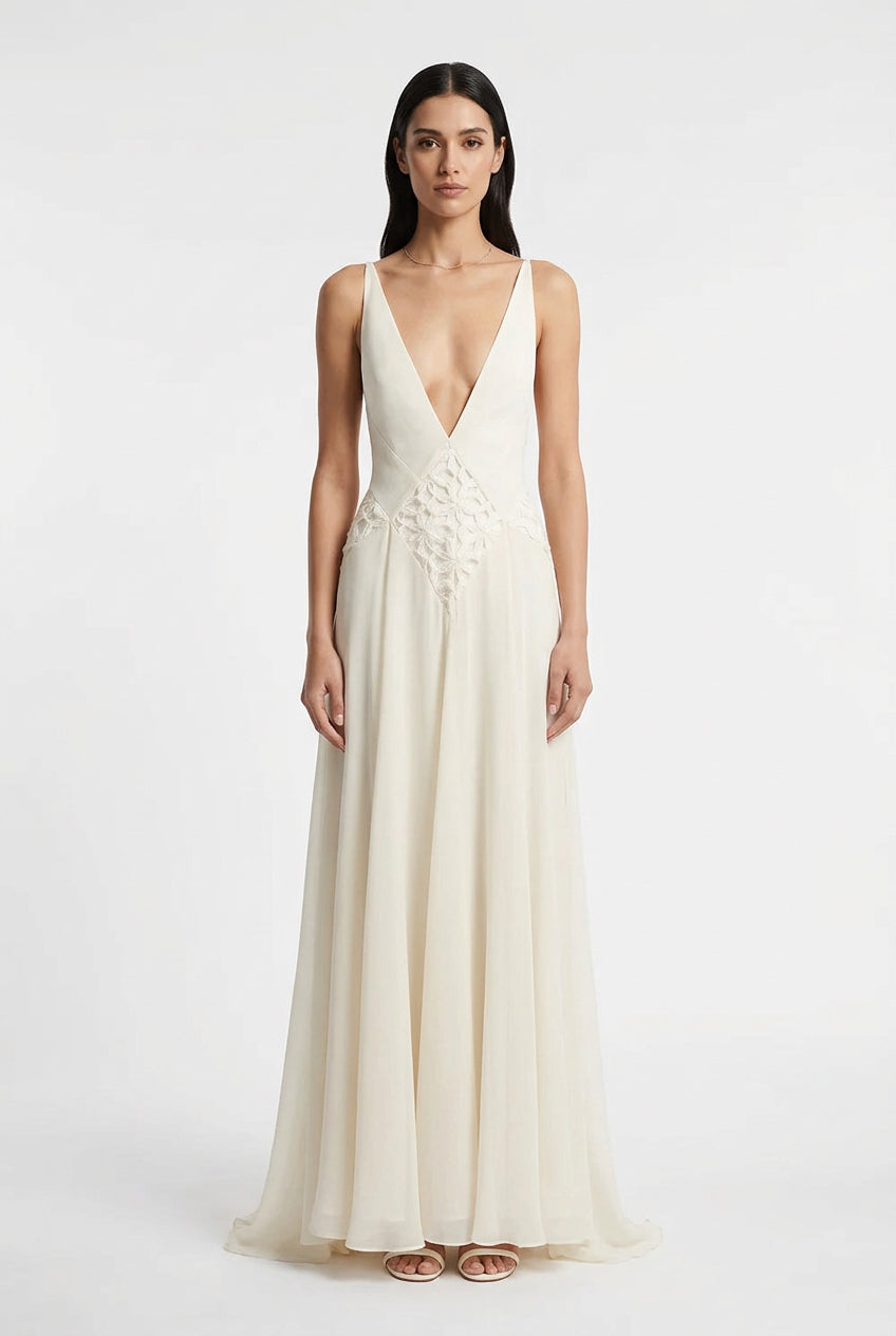 Plunging A Line Maxi Dress Ivory