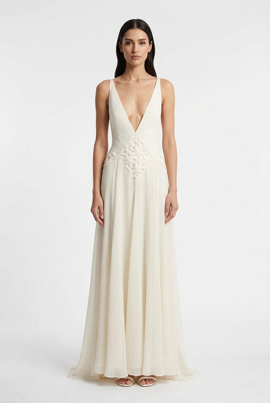 Plunging A Line Maxi Dress Ivory