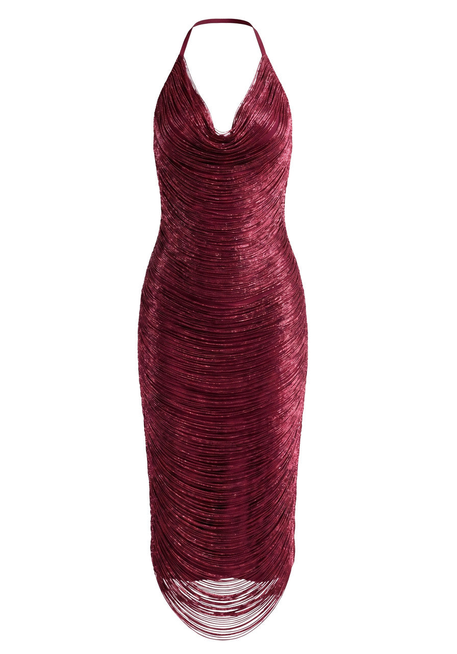 Halter Tassel Detail Midi Dress Burgundy