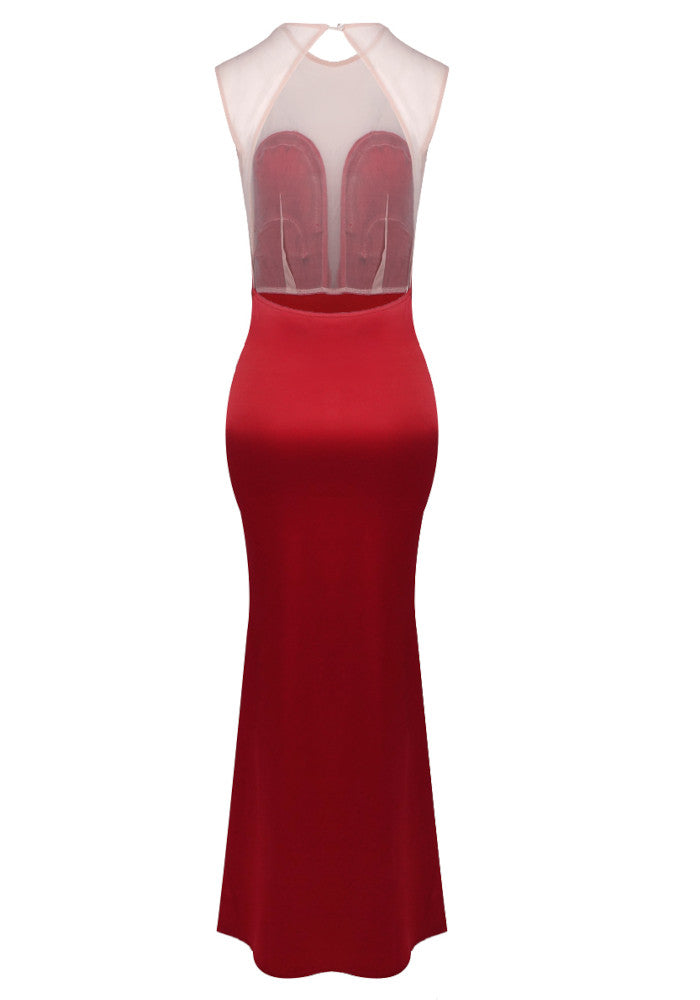 Tassel Detail Mesh Insert Maxi Dress Red