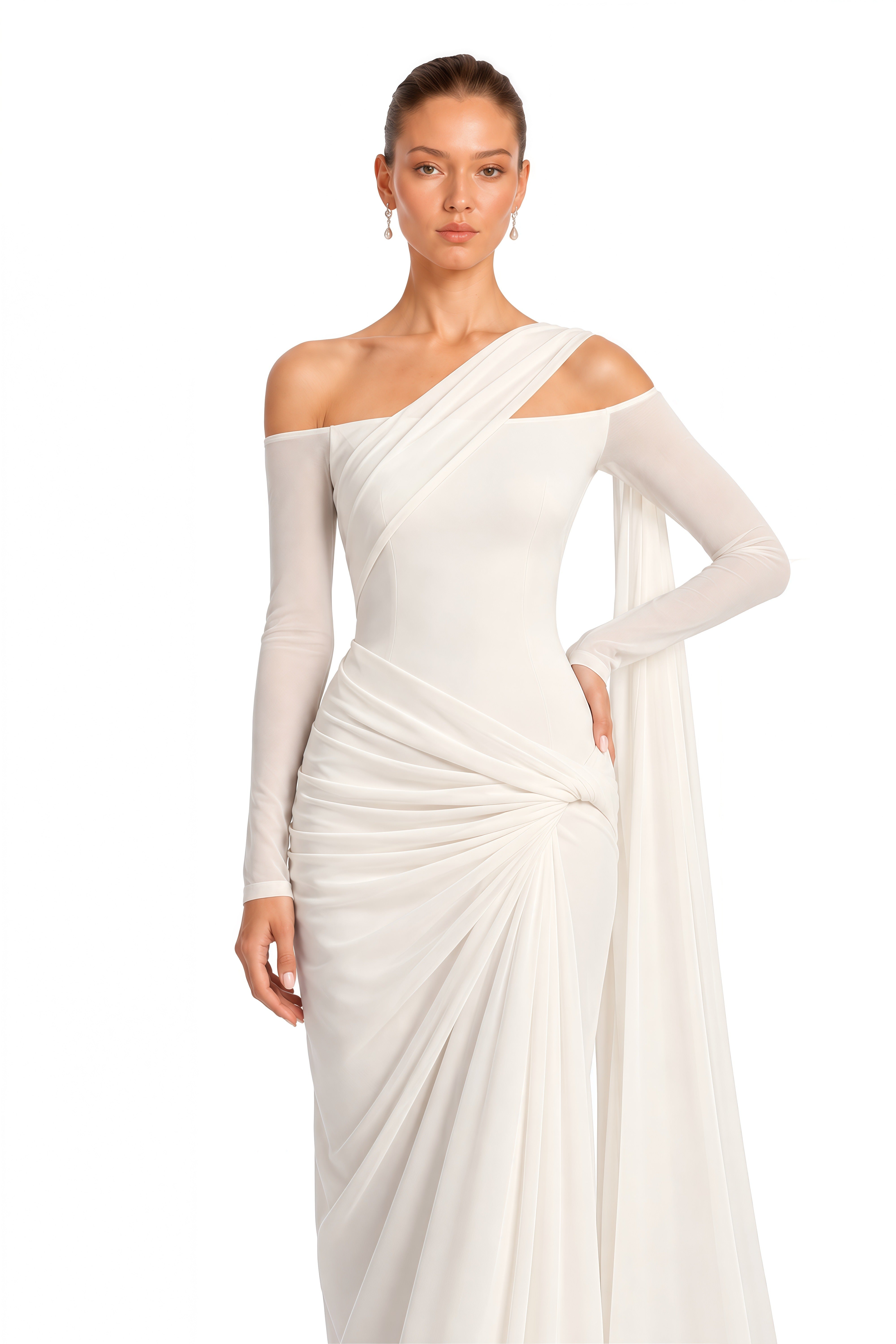 Indie Ivory Asymmetrical Draped Maxi Dress