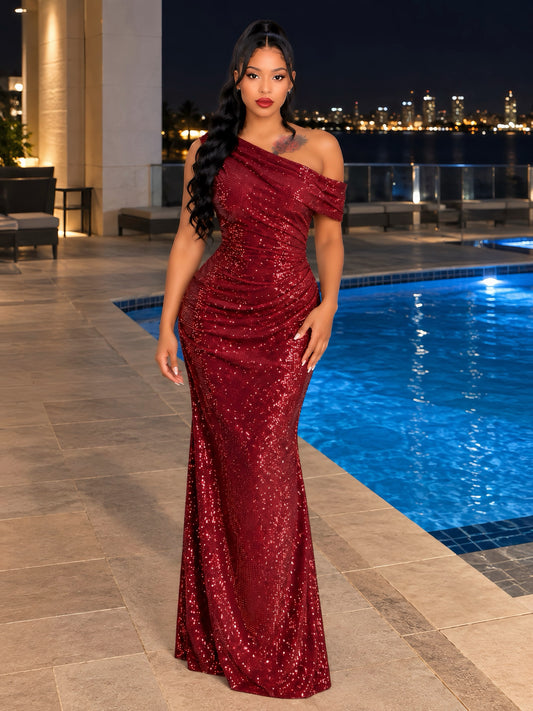 One Shoulder Bardot Embellished Maxi Dress Red