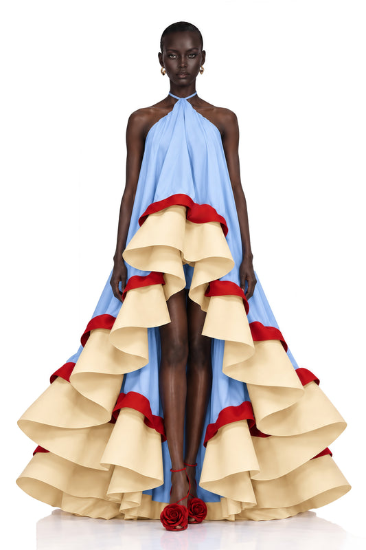Isaline Light Blue Color Block Tiered Ruffle Maxi Dress