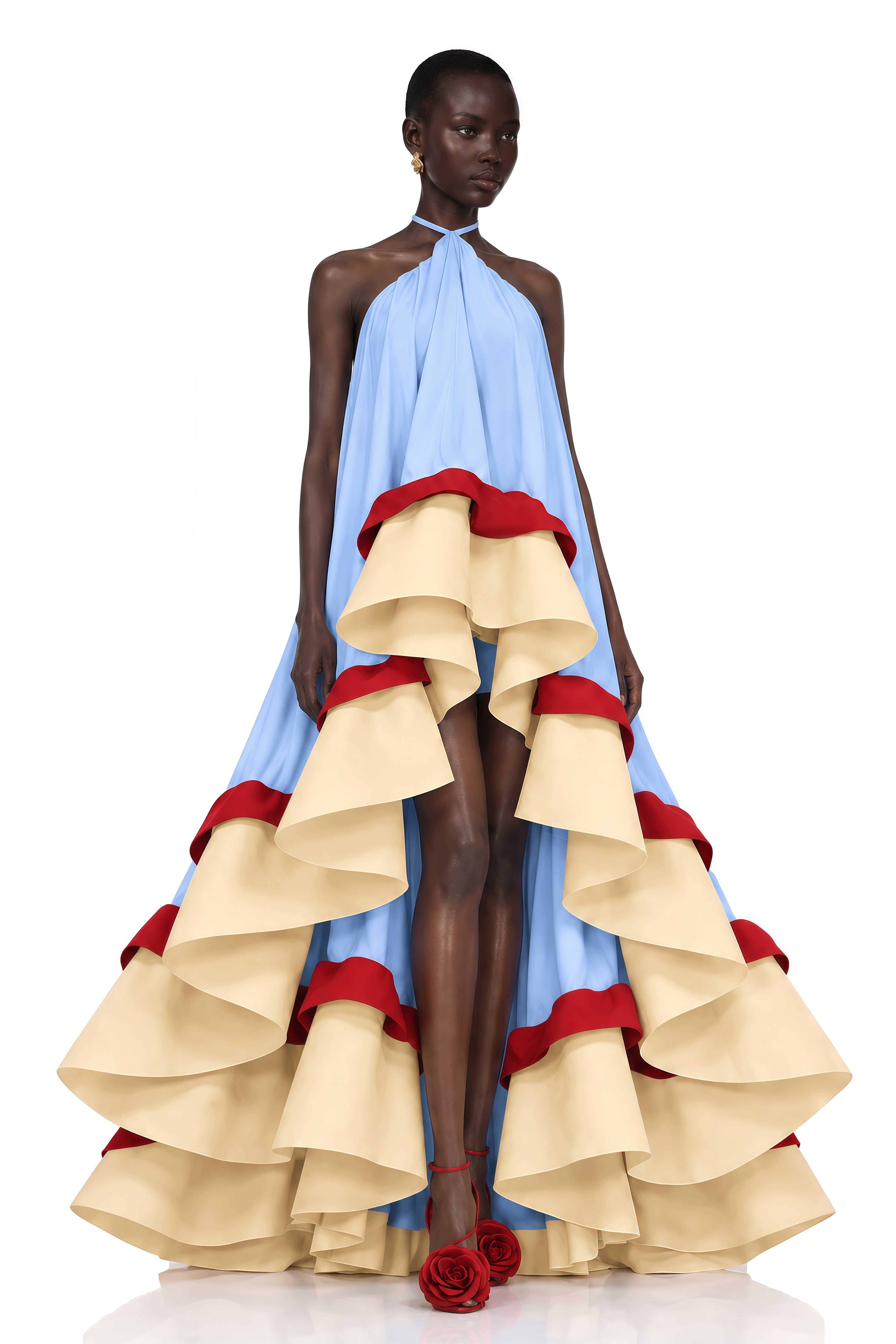 Isaline Light Blue Color Block Tiered Ruffle Maxi Dress