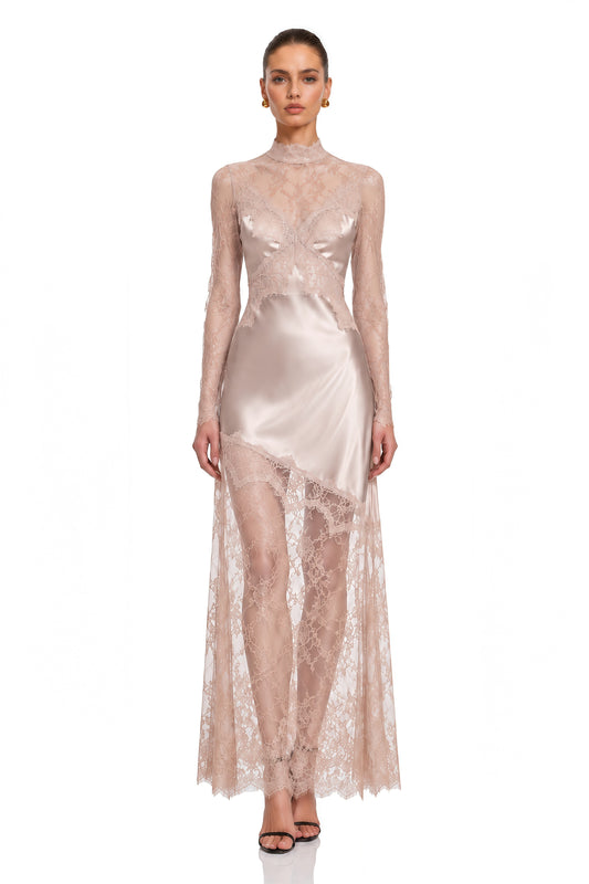 Ivy Pink Lace Satin Maxi Dress