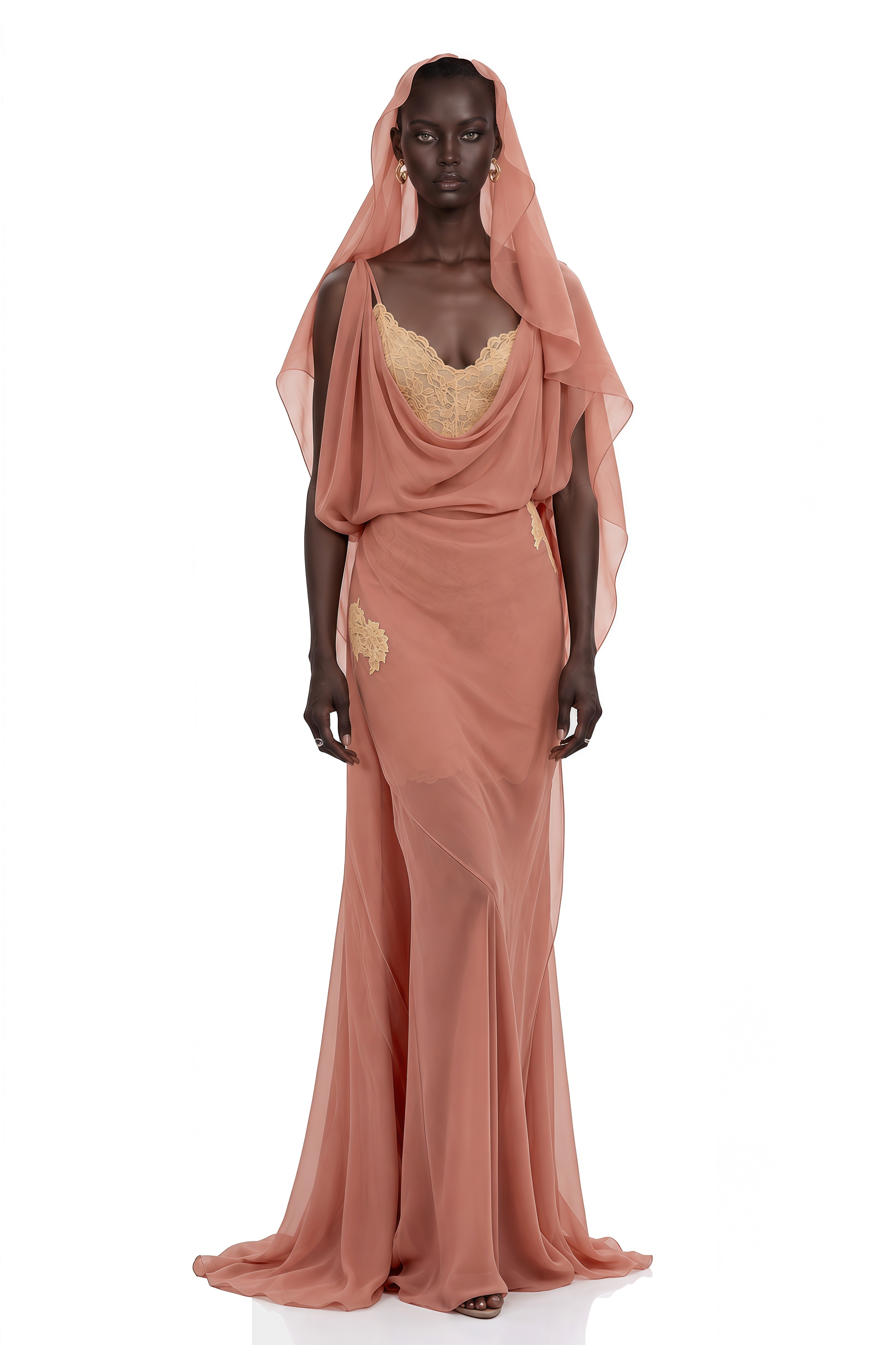 Kaiah Dusty Rose Cowl Neck Lace Maxi Dress