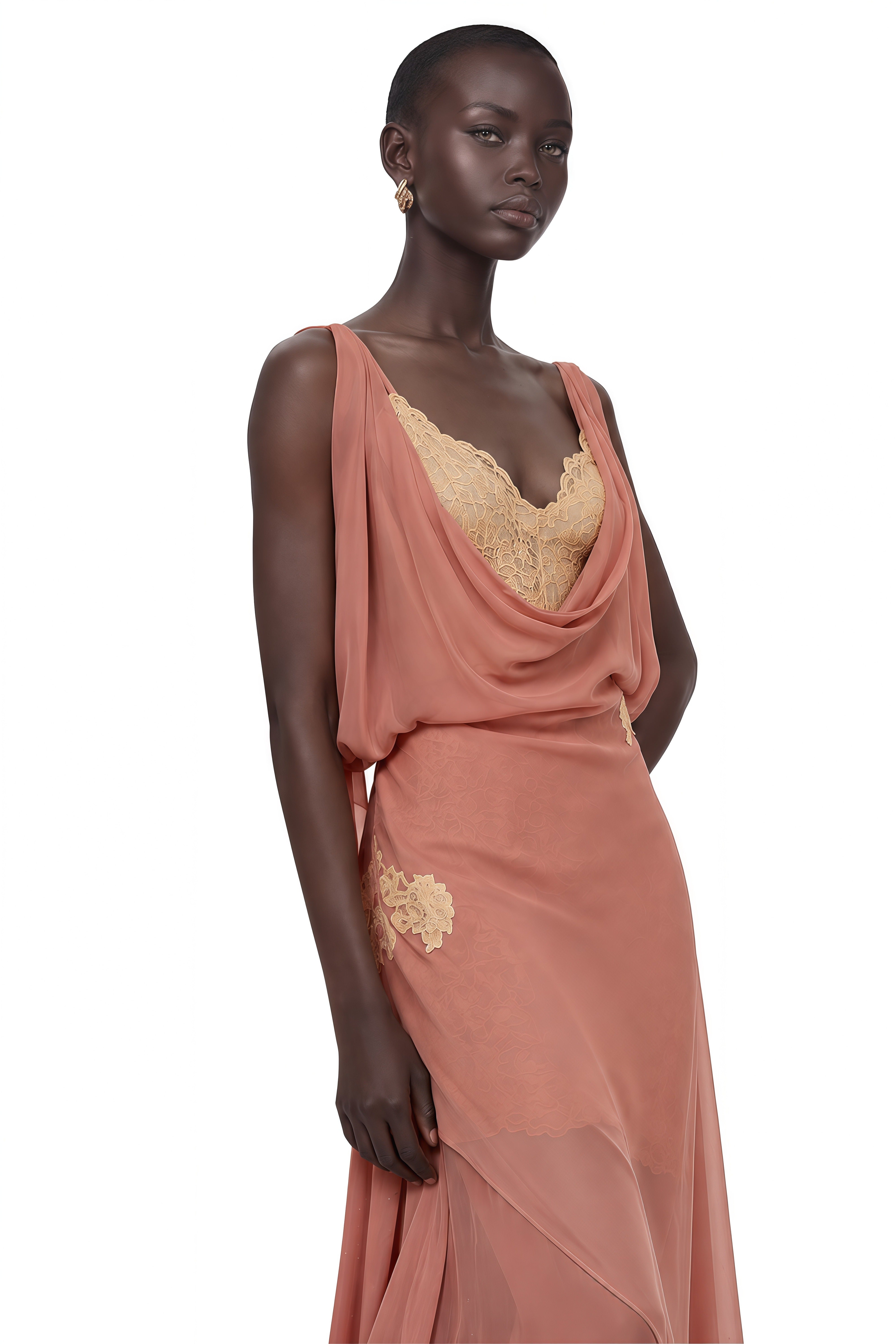 Kaiah Dusty Rose Cowl Neck Lace Maxi Dress