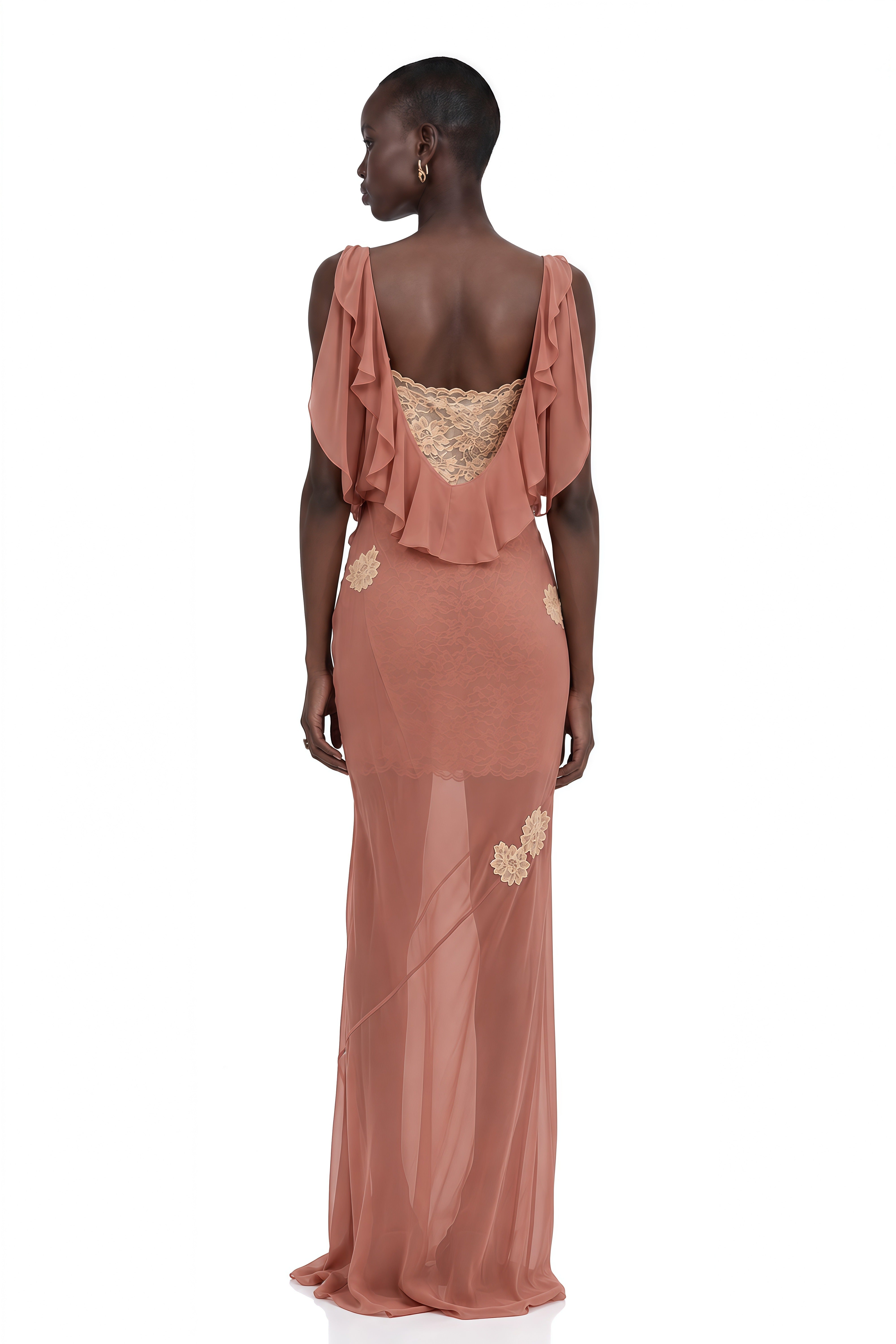 Kaiah Dusty Rose Cowl Neck Lace Maxi Dress