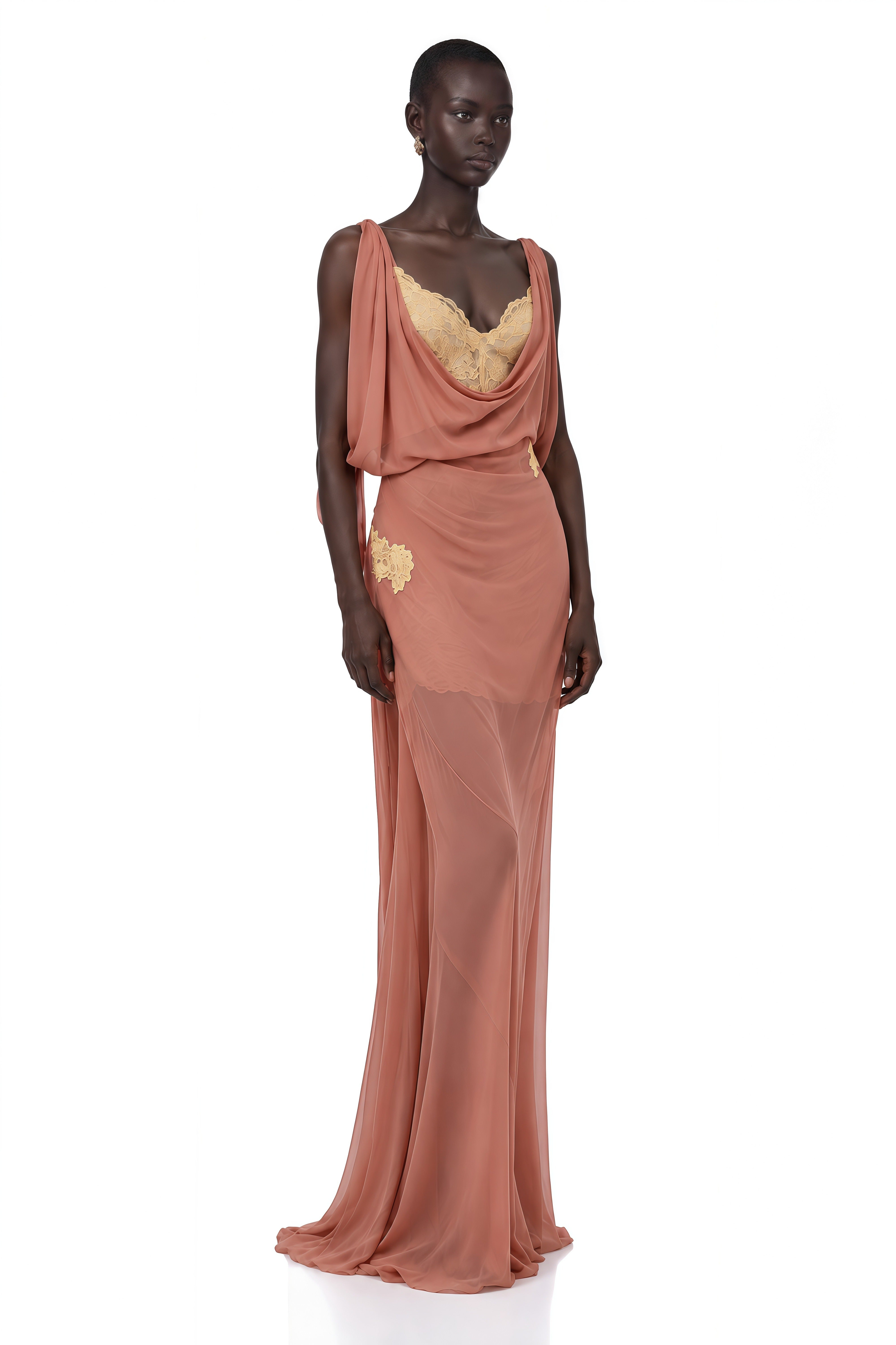 Kaiah Dusty Rose Cowl Neck Lace Maxi Dress