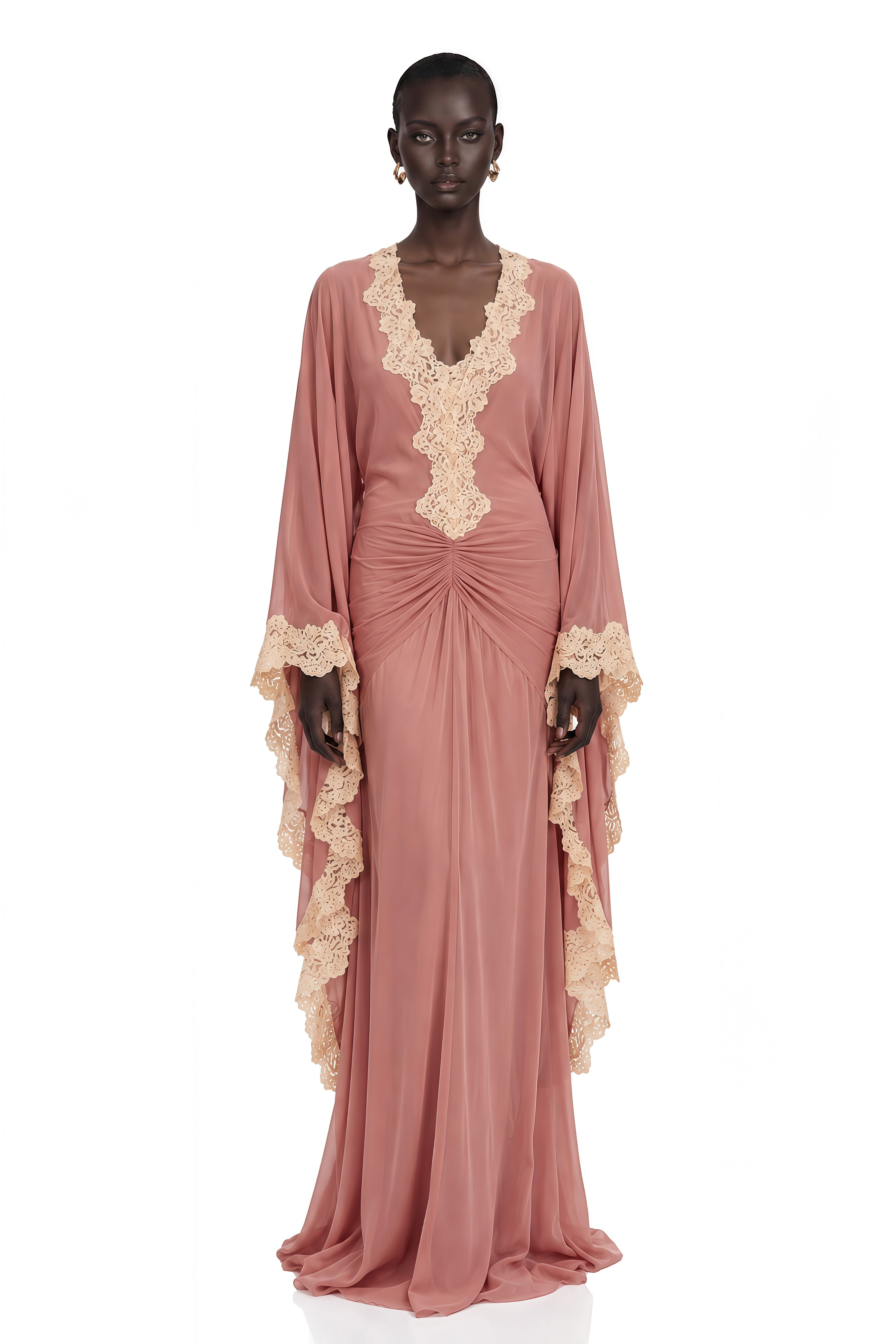 Kaiah Dusty Rose Lace Trim Ruched Maxi Dress