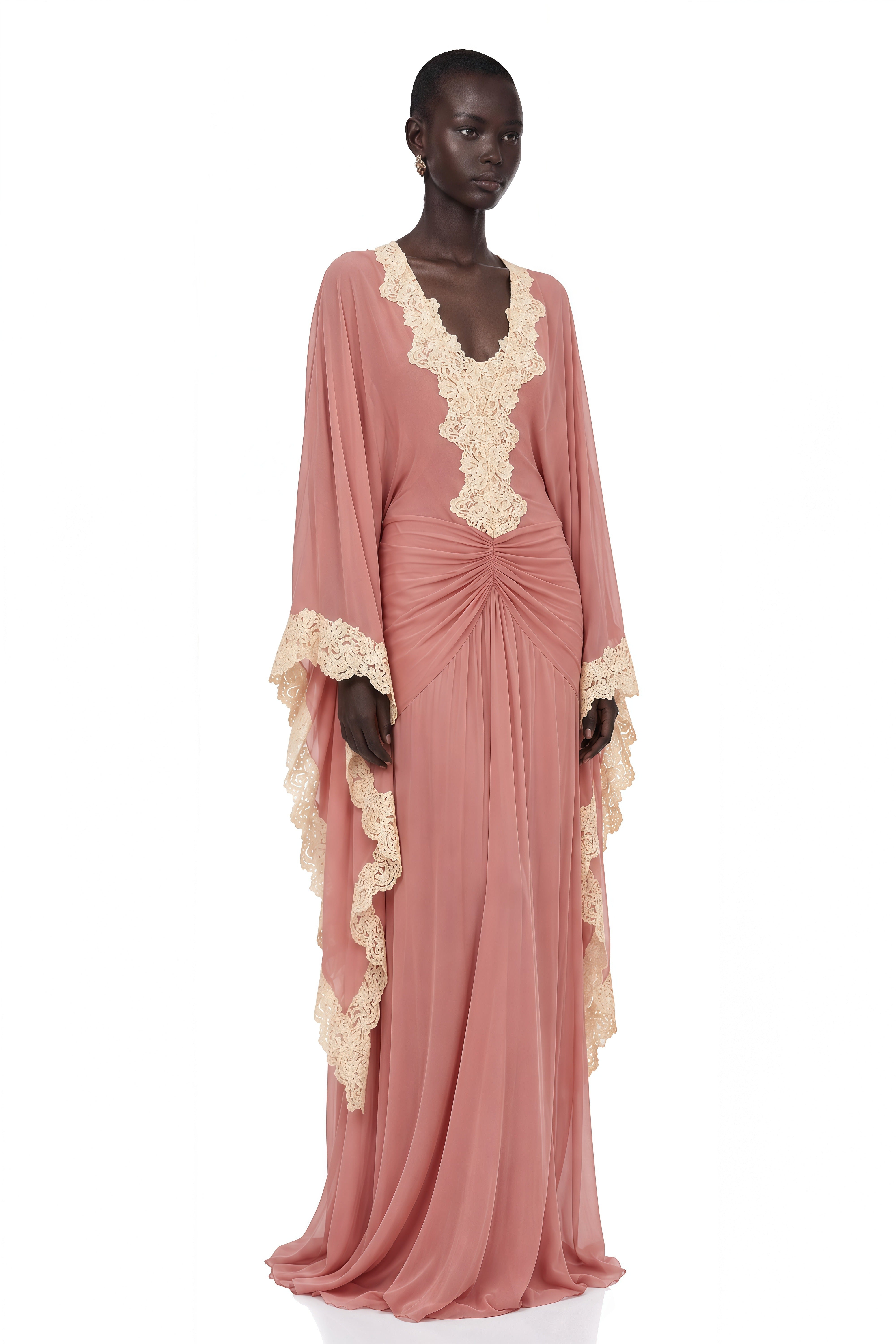 Kaiah Dusty Rose Lace Trim Ruched Maxi Dress