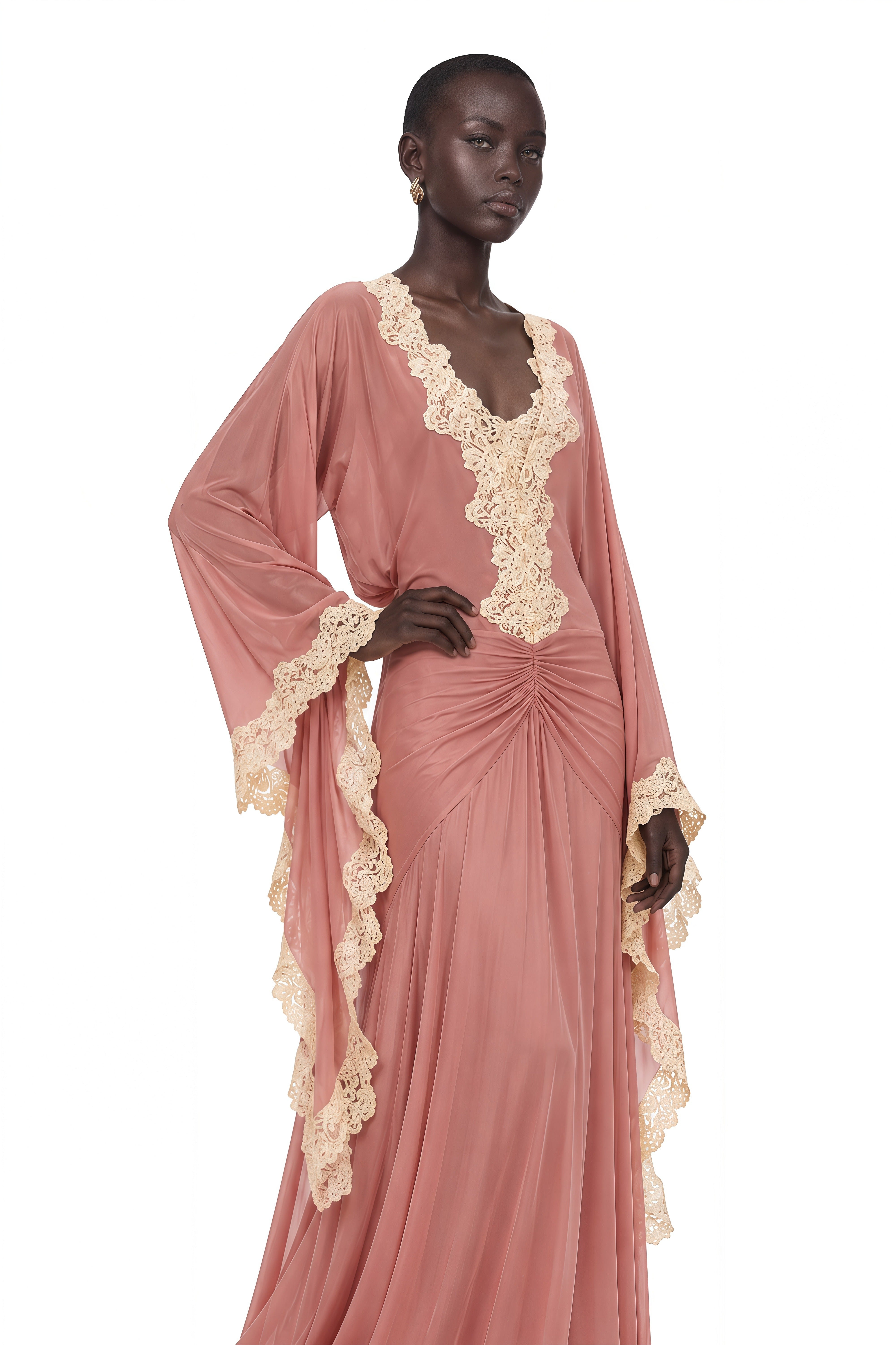 Kaiah Dusty Rose Lace Trim Ruched Maxi Dress