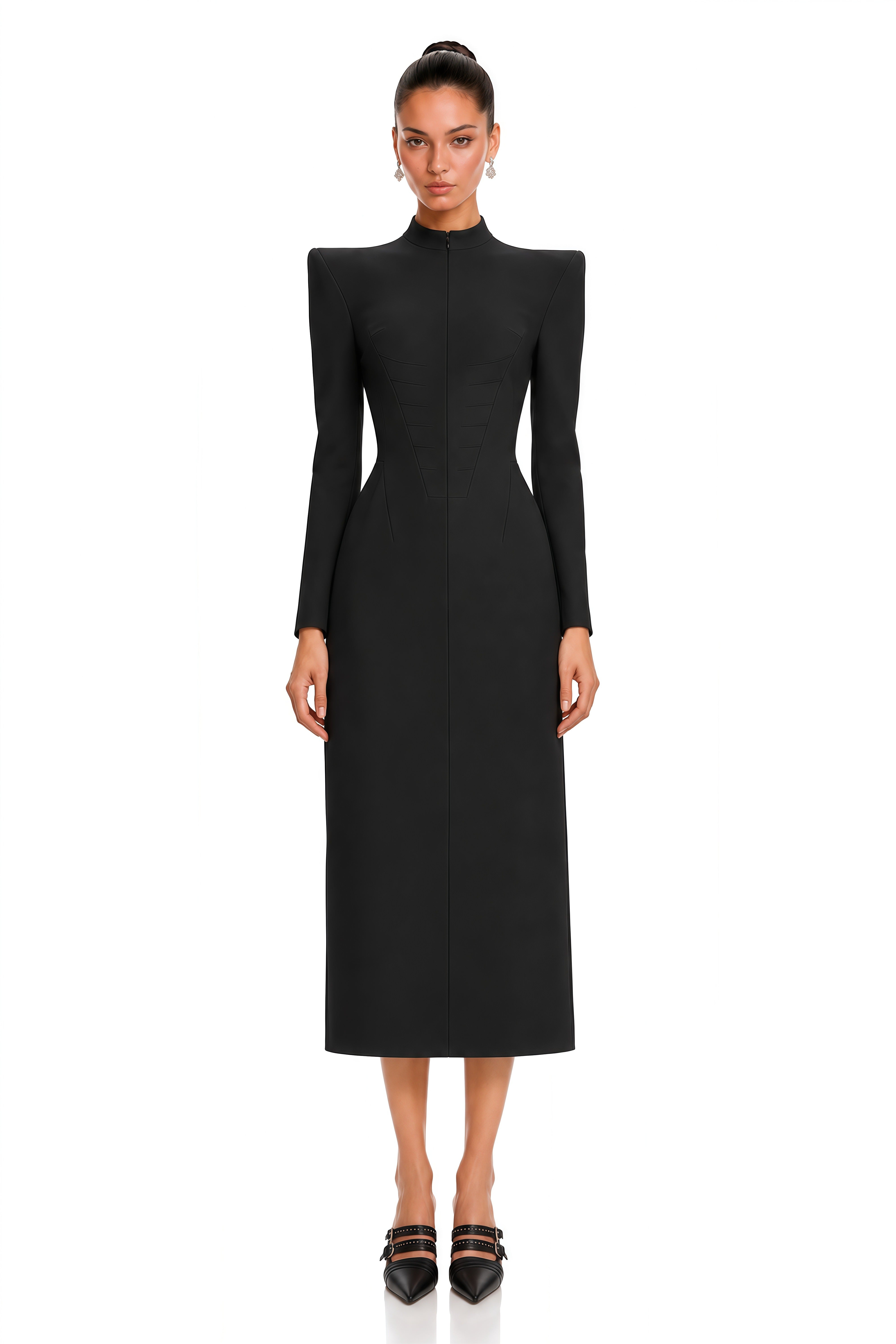 Klea Black Structured Shoulder Sheer Back Midi Dress