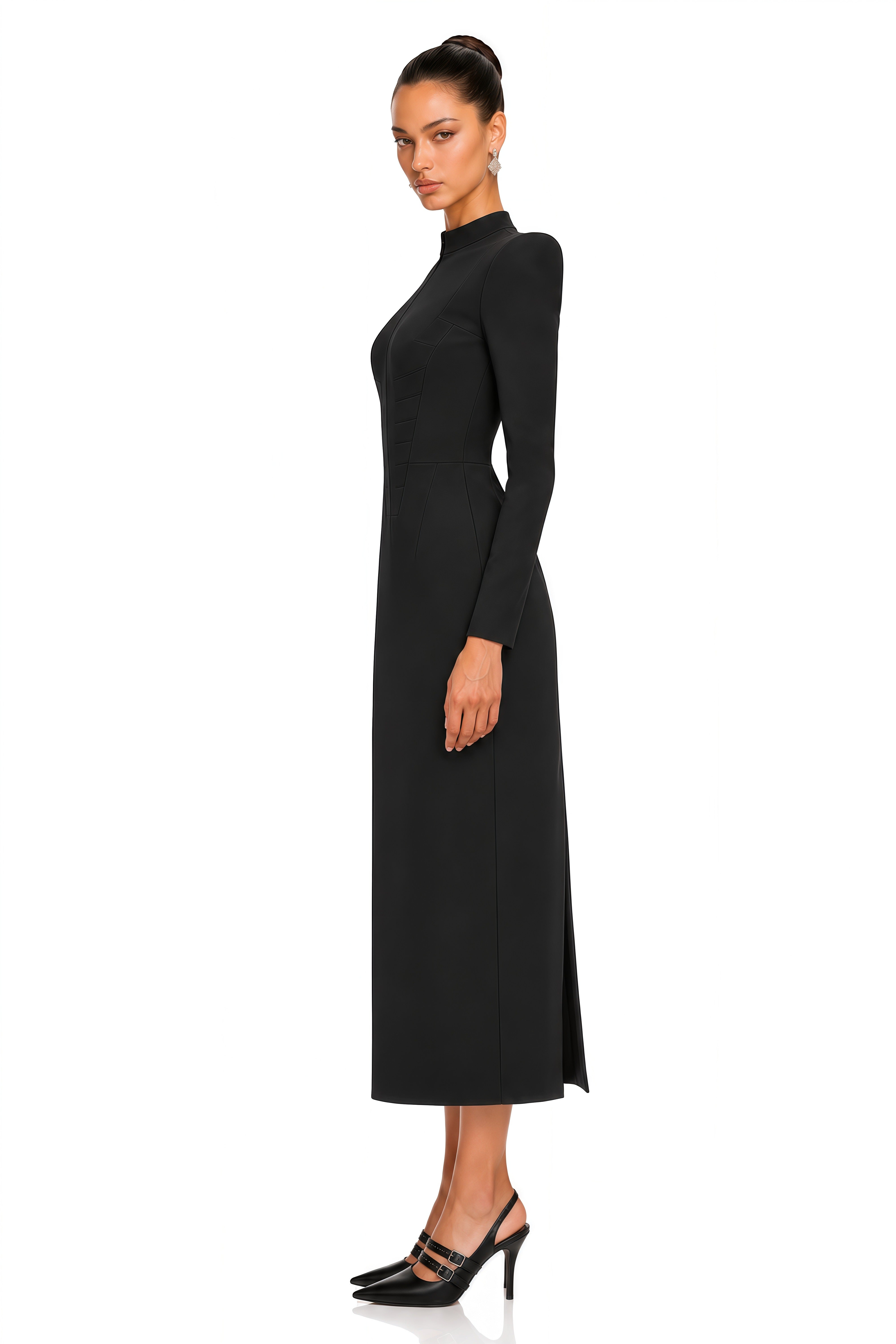Klea Black Structured Shoulder Sheer Back Midi Dress