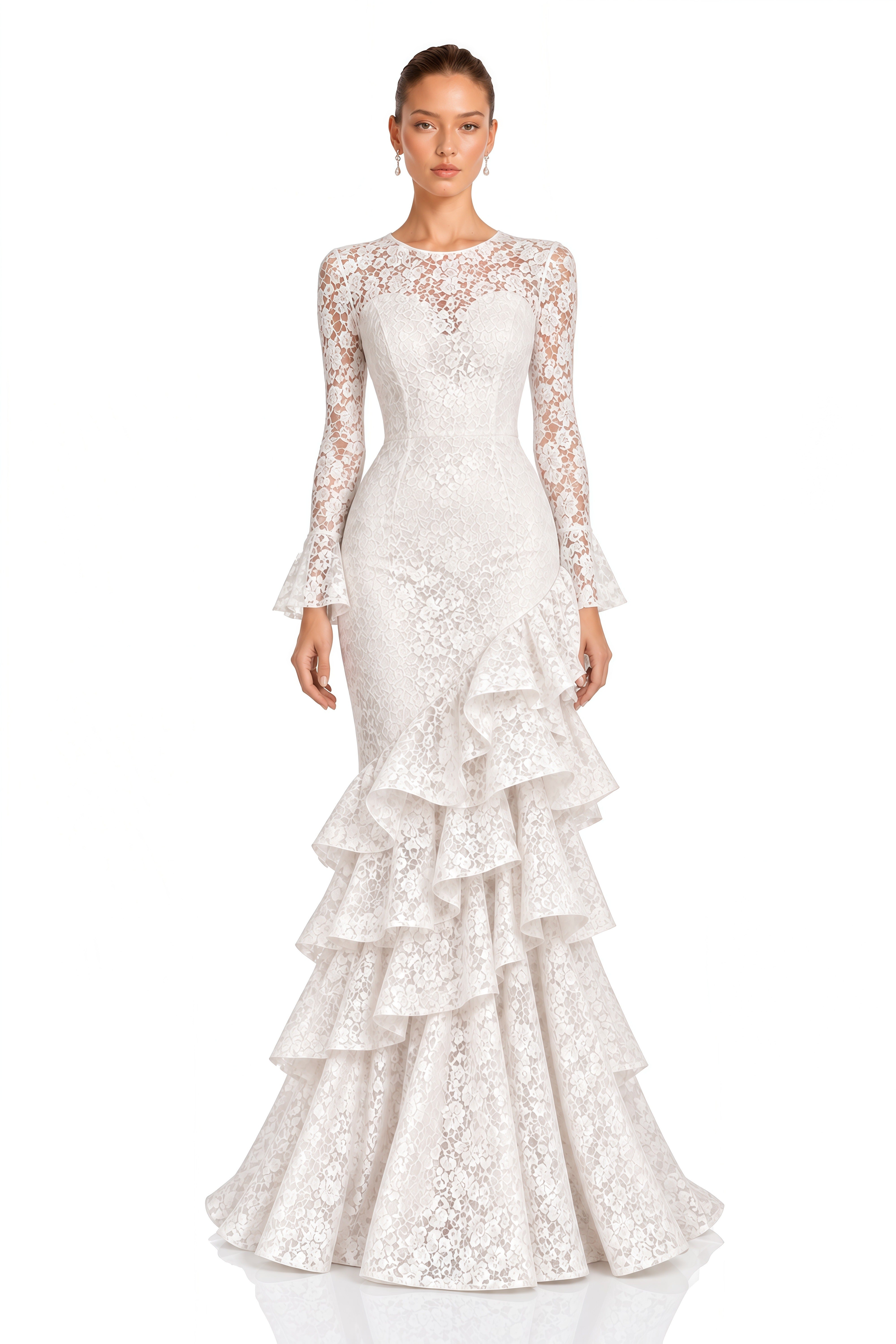Kristina White Floral Lace Ruffle Mermaid Maxi Dress