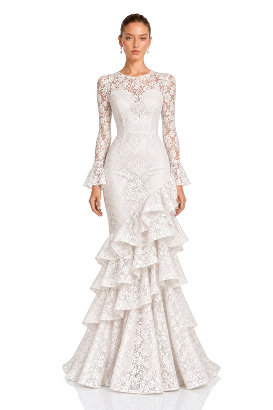 Kristina White Floral Lace Ruffle Mermaid Maxi Dress