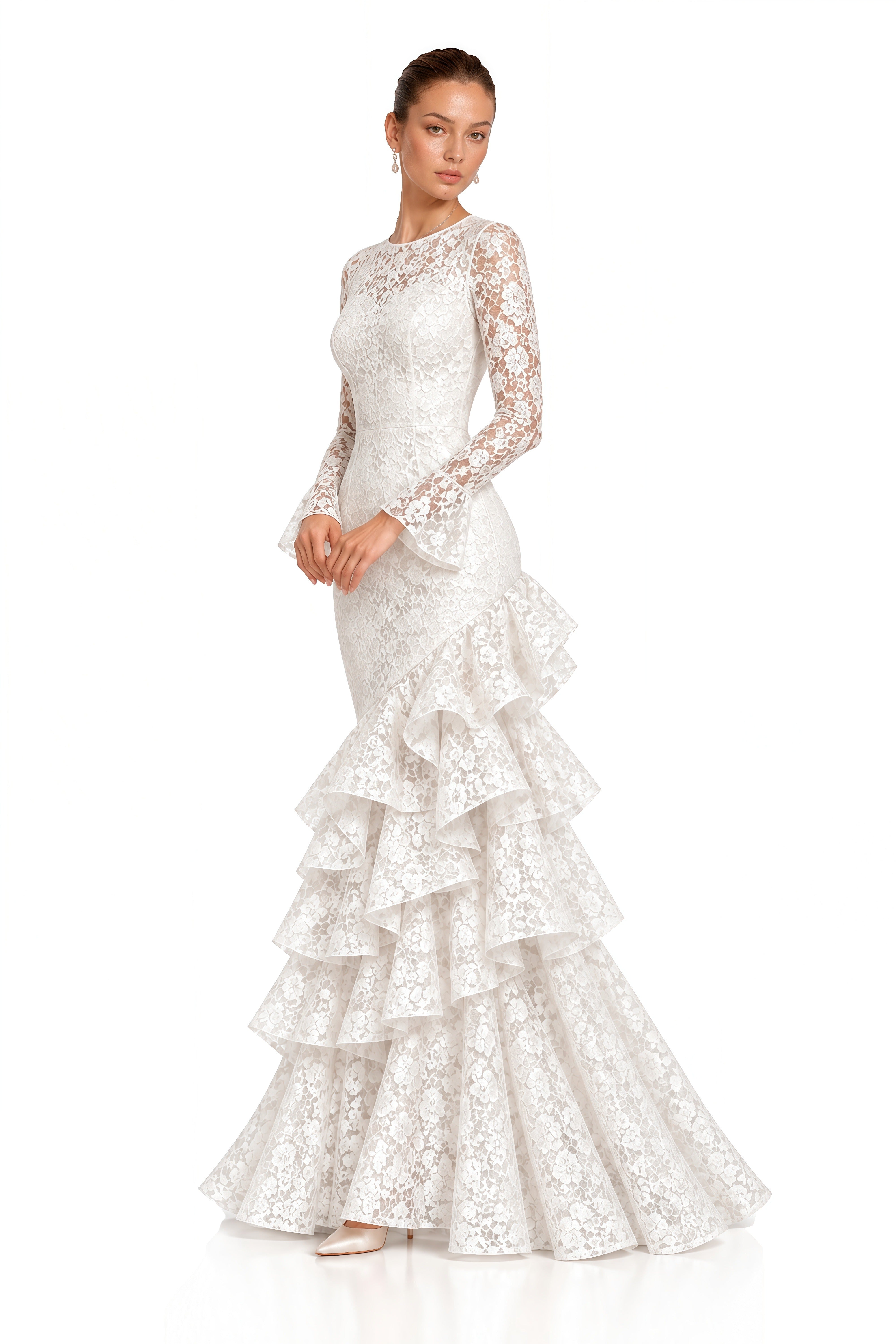 Kristina White Floral Lace Ruffle Mermaid Maxi Dress