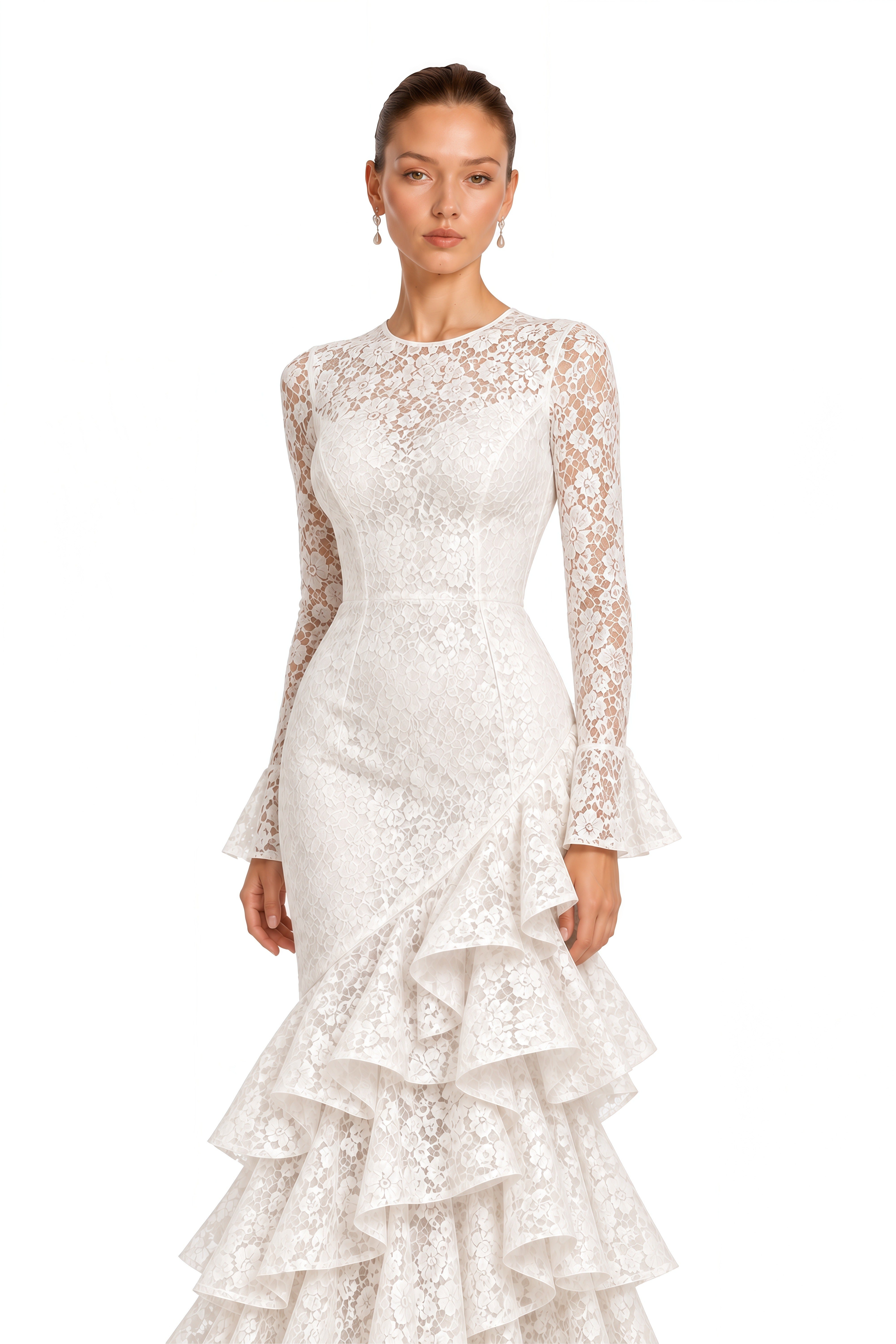 Kristina White Floral Lace Ruffle Mermaid Maxi Dress