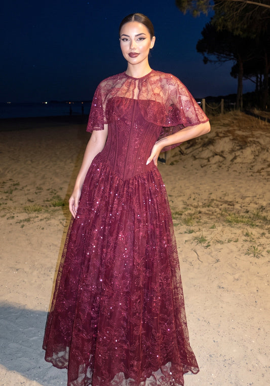 Lace Cape Strapless A Line Maxi Dress Burgundy