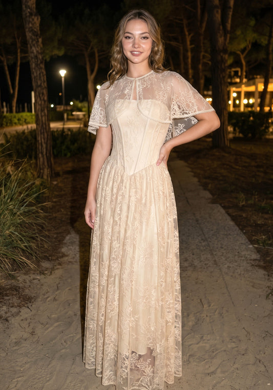 Lace Cape Strapless A Line Maxi Dress Champagne