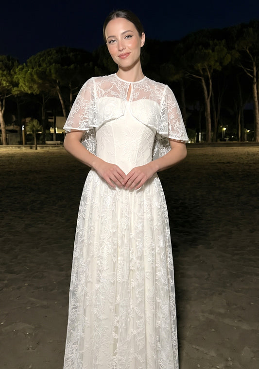 Lace Cape Strapless A Line Maxi Dress Ivory
