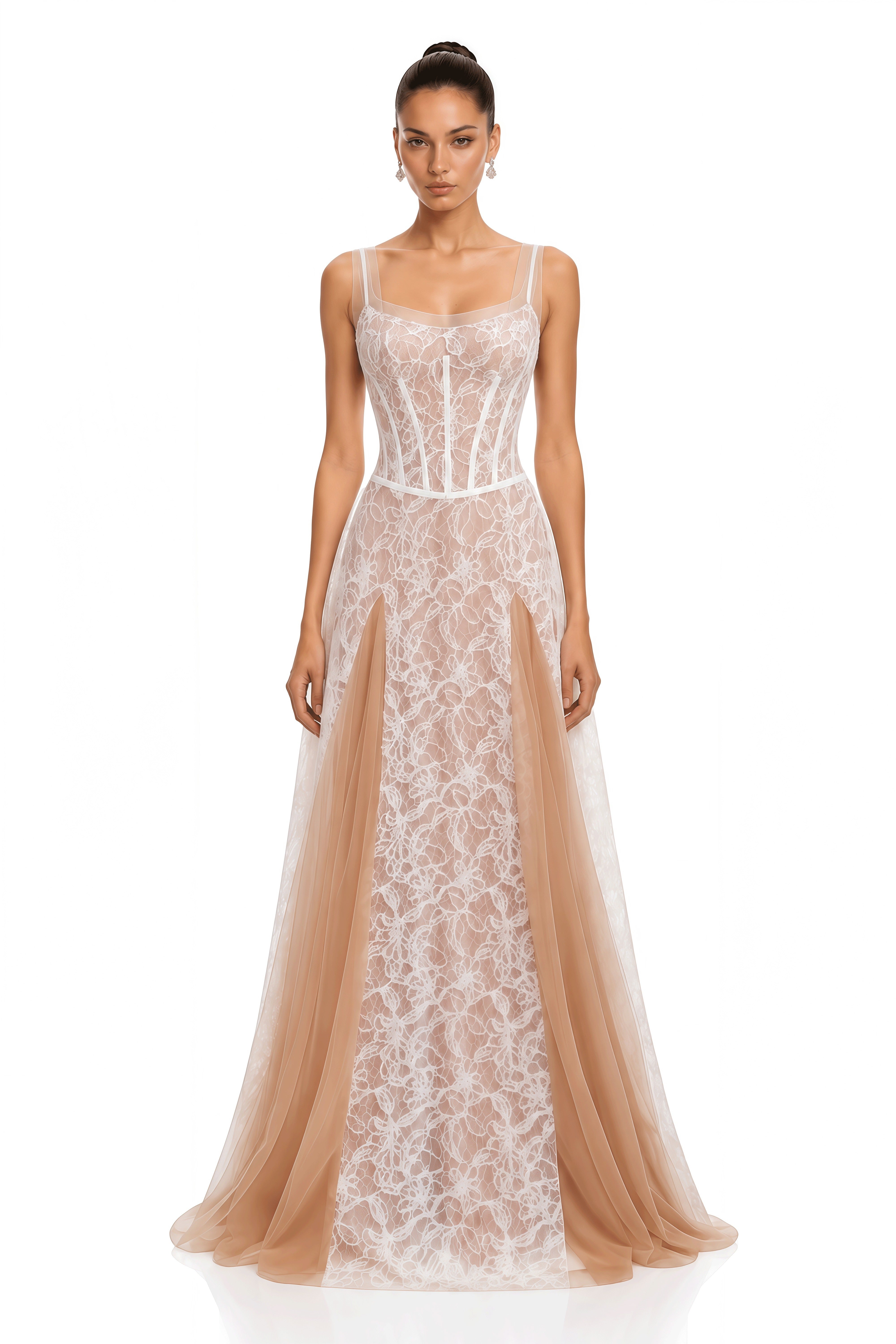 Liora Ivory Floral Lace Corset Tulle Maxi Dress
