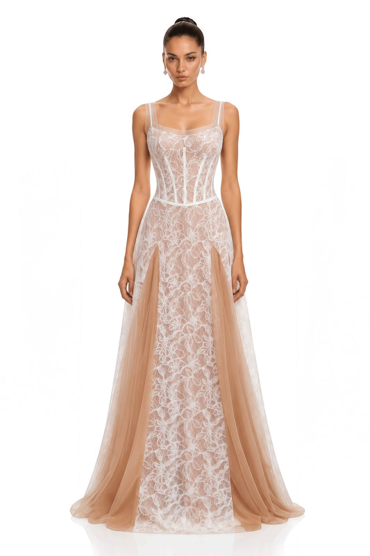 Liora Ivory Floral Lace Corset Tulle Maxi Dress