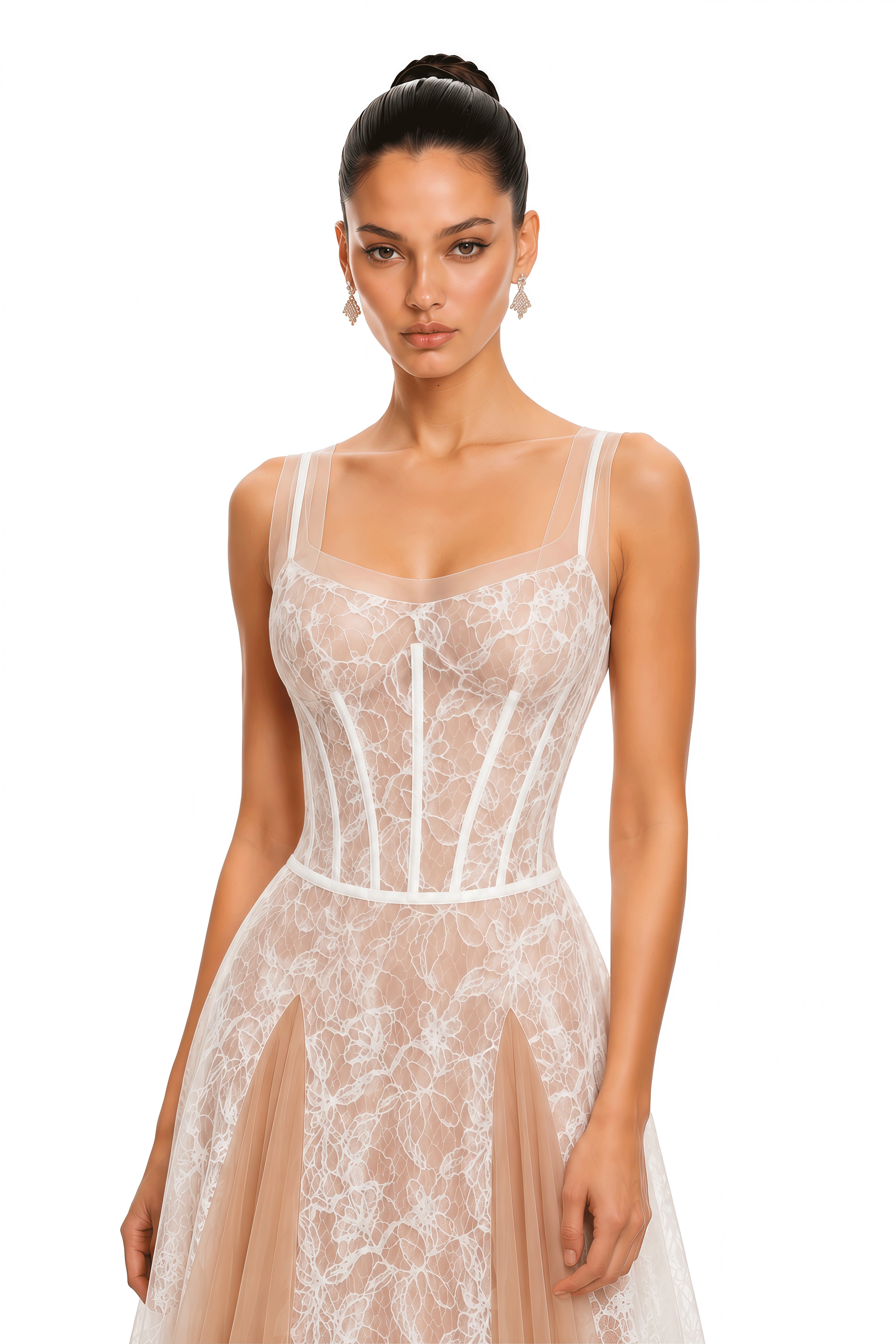 Liora Ivory Floral Lace Corset Tulle Maxi Dress