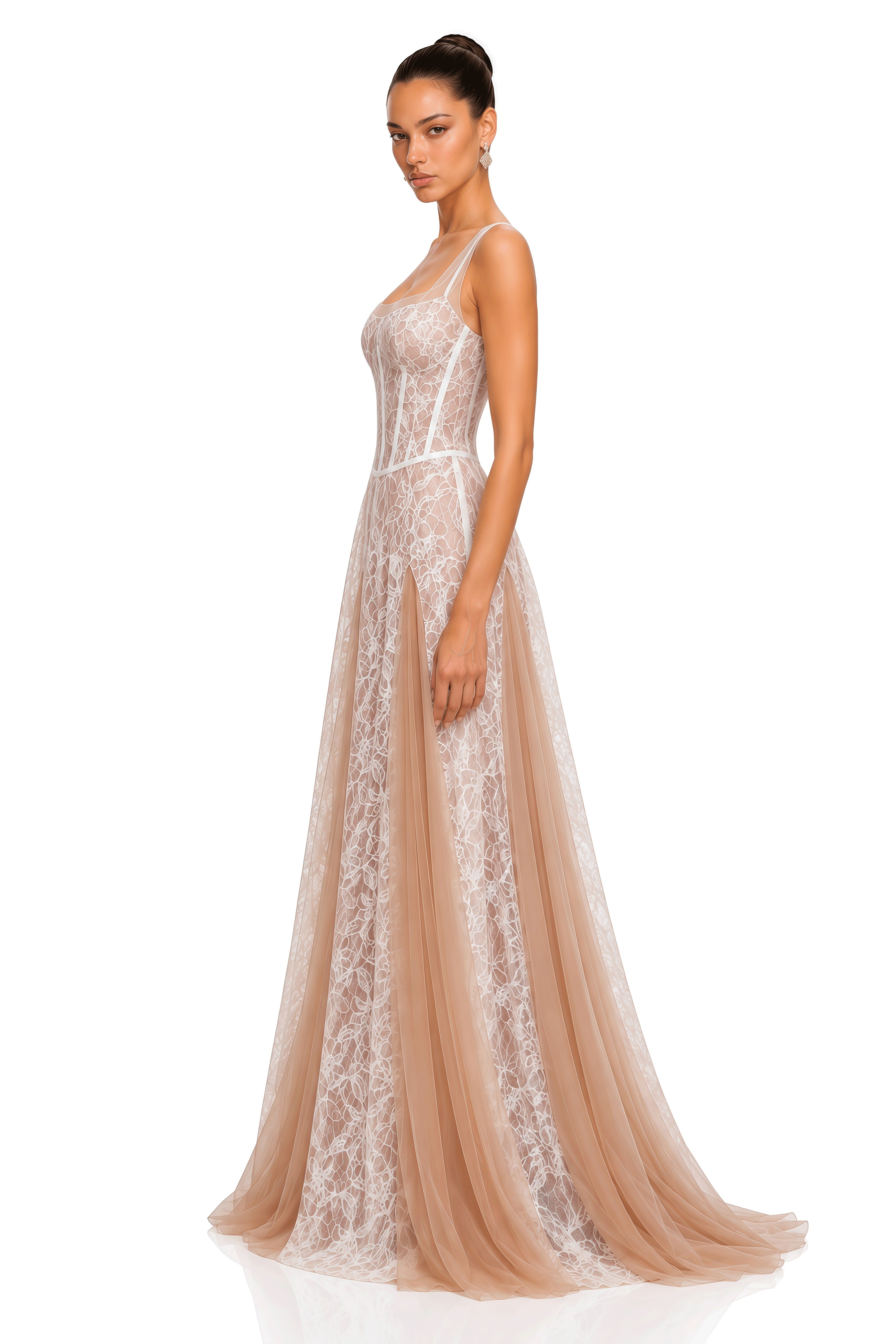 Liora Ivory Floral Lace Corset Tulle Maxi Dress