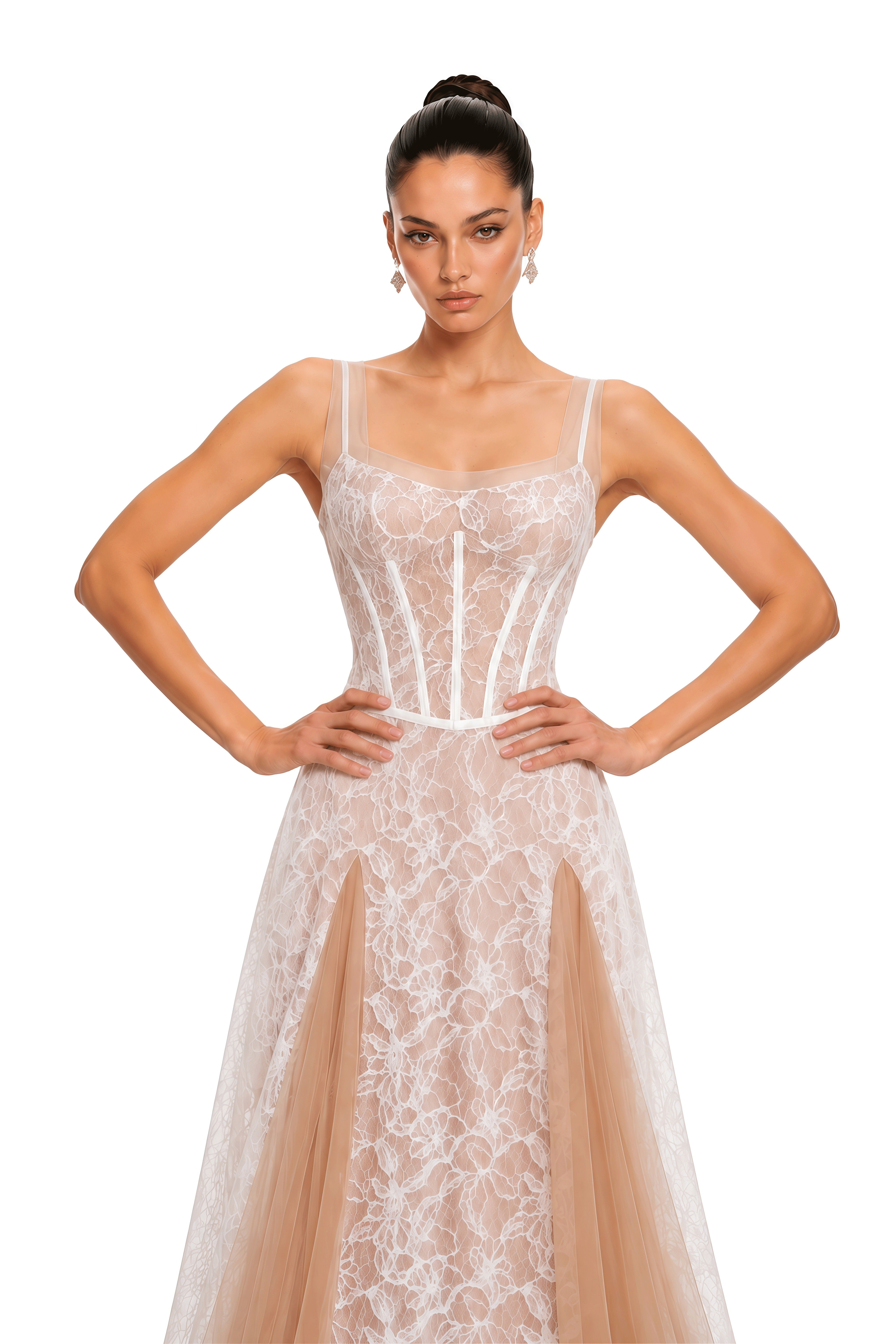 Liora Ivory Floral Lace Corset Tulle Maxi Dress