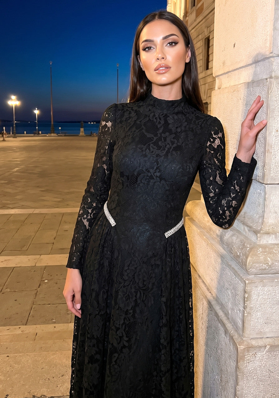 Long Sleeve Crystal Detail Lace A Line Maxi Dress Black