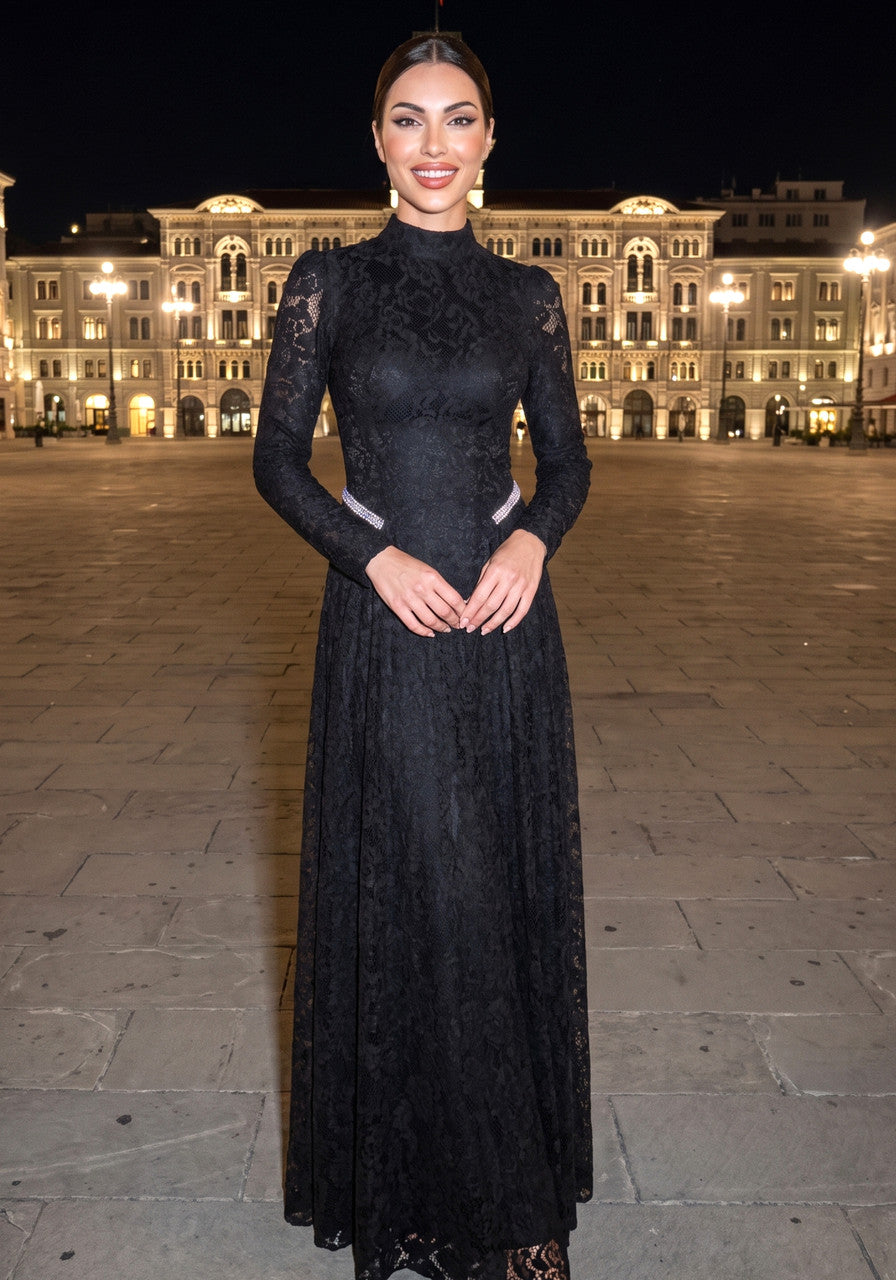 Long Sleeve Crystal Detail Lace A Line Maxi Dress Black