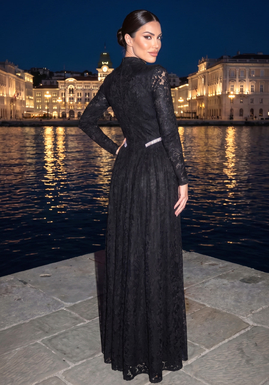 Long Sleeve Crystal Detail Lace A Line Maxi Dress Black