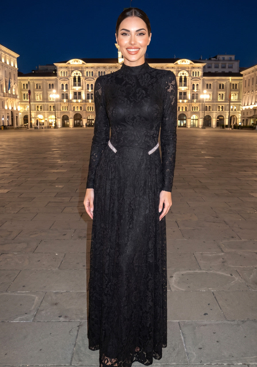 Long Sleeve Crystal Detail Lace A Line Maxi Dress Black