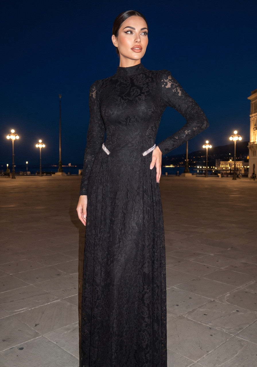 Long Sleeve Crystal Detail Lace A Line Maxi Dress Black