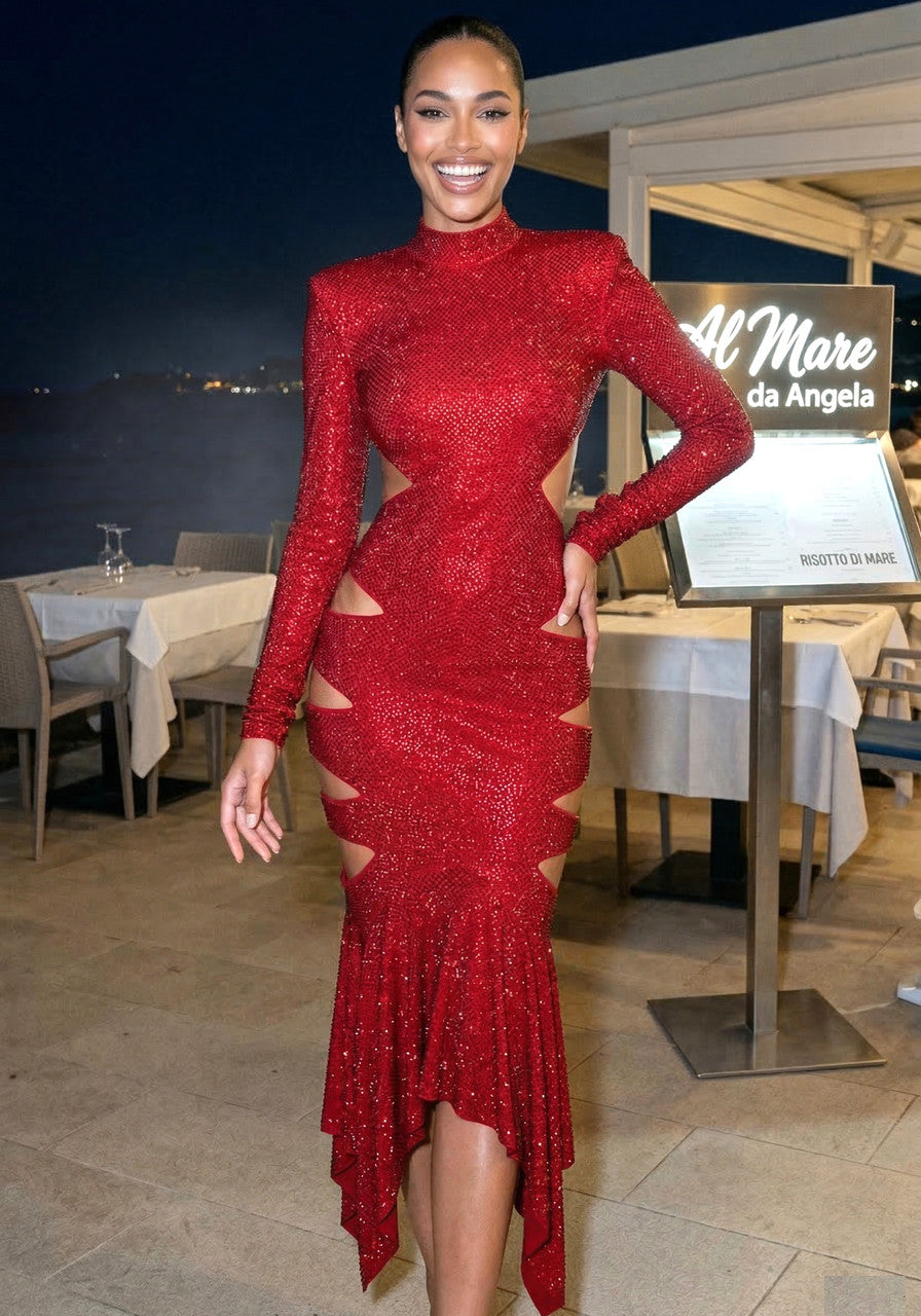 Long Sleeve Cut Out Sparkly Maxi Dress Red