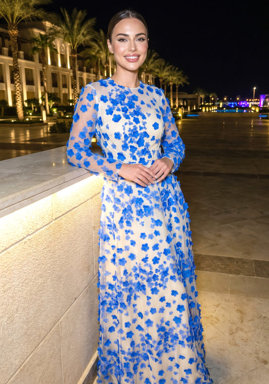 Long Sleeve Floral Mesh A Line Maxi Dress Blue