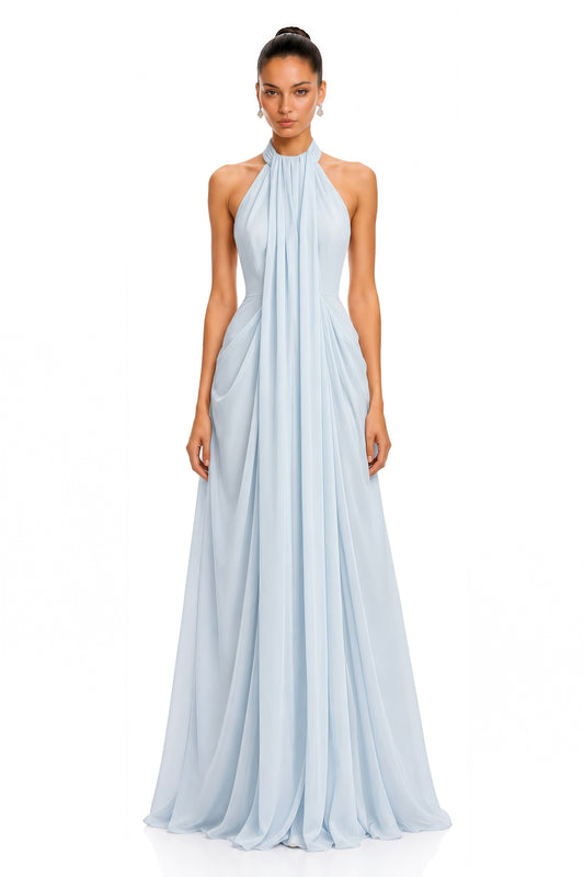Lysandra Light Blue Halterneck Draped Maxi Dress