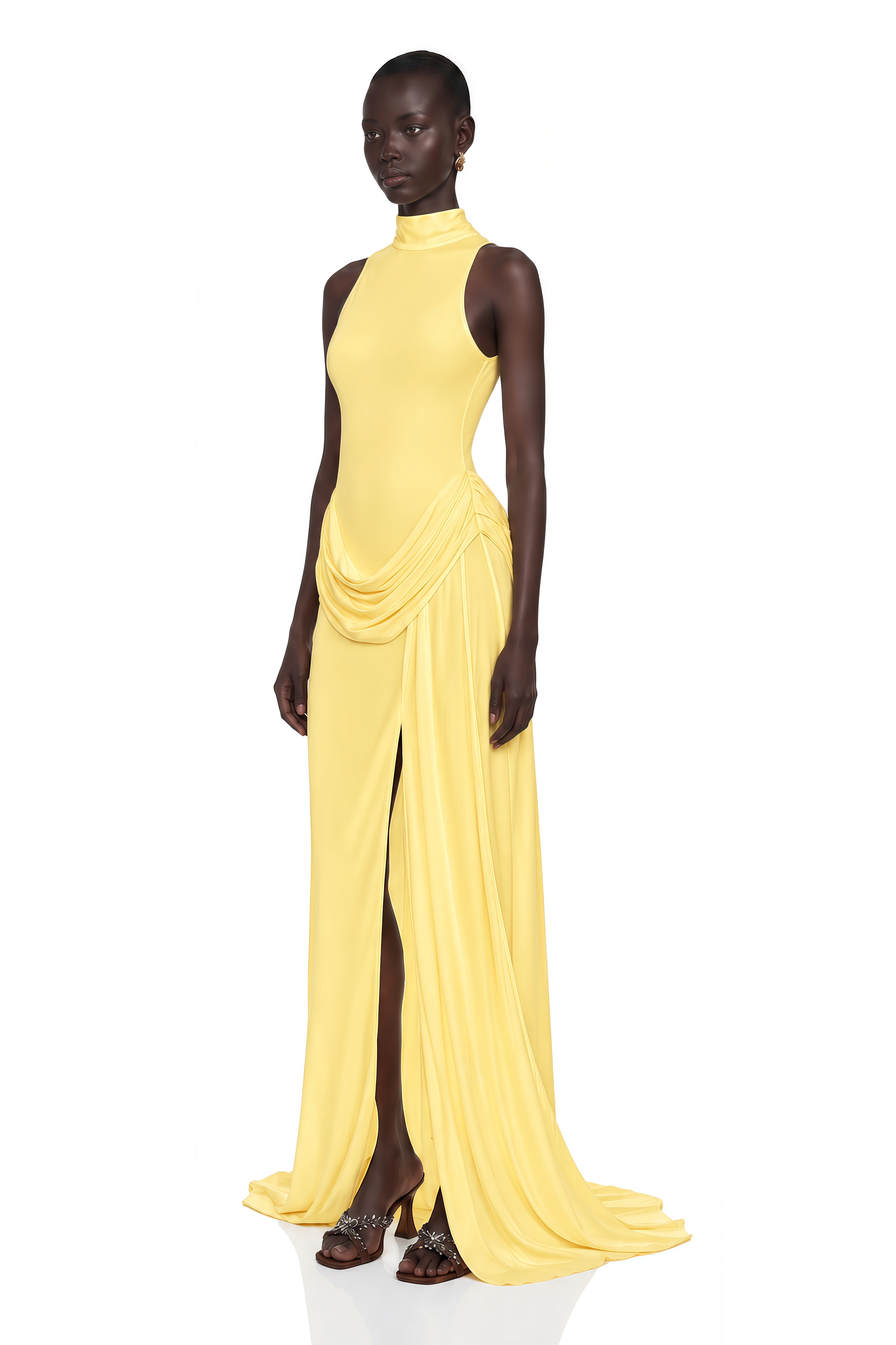 Mystérieuse Yellow Turtleneck Draped Maxi Dress