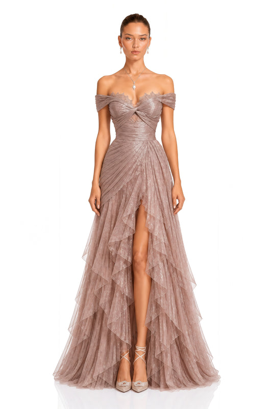 Natalie Dusty Rose Off Shoulder Ruffle Maxi Dress