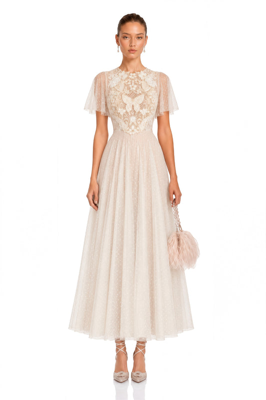 Nicolette Neutral Floral Applique Pleated Tulle Midi Dress