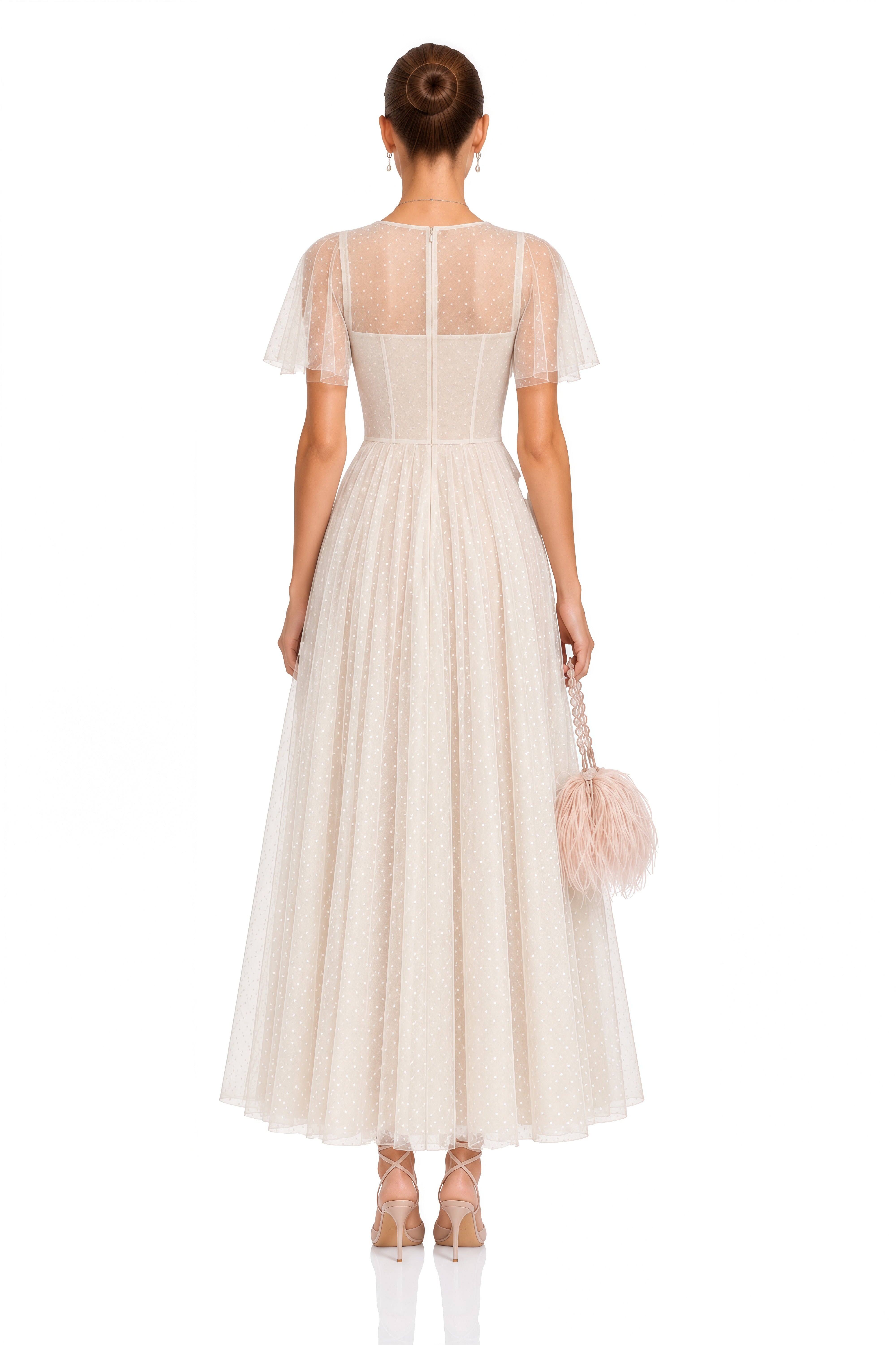 Nicolette Neutral Floral Applique Pleated Tulle Midi Dress