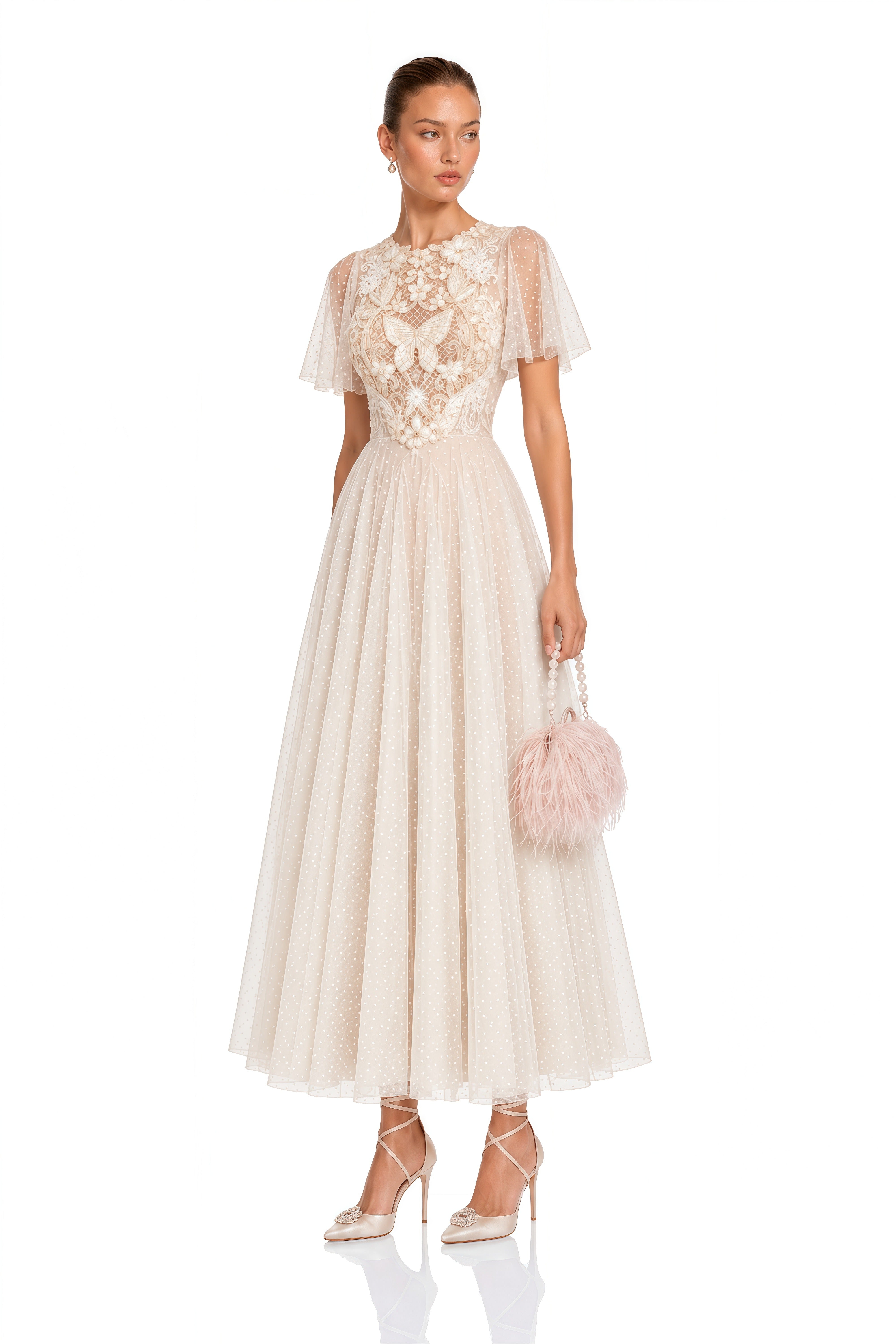 Nicolette Neutral Floral Applique Pleated Tulle Midi Dress