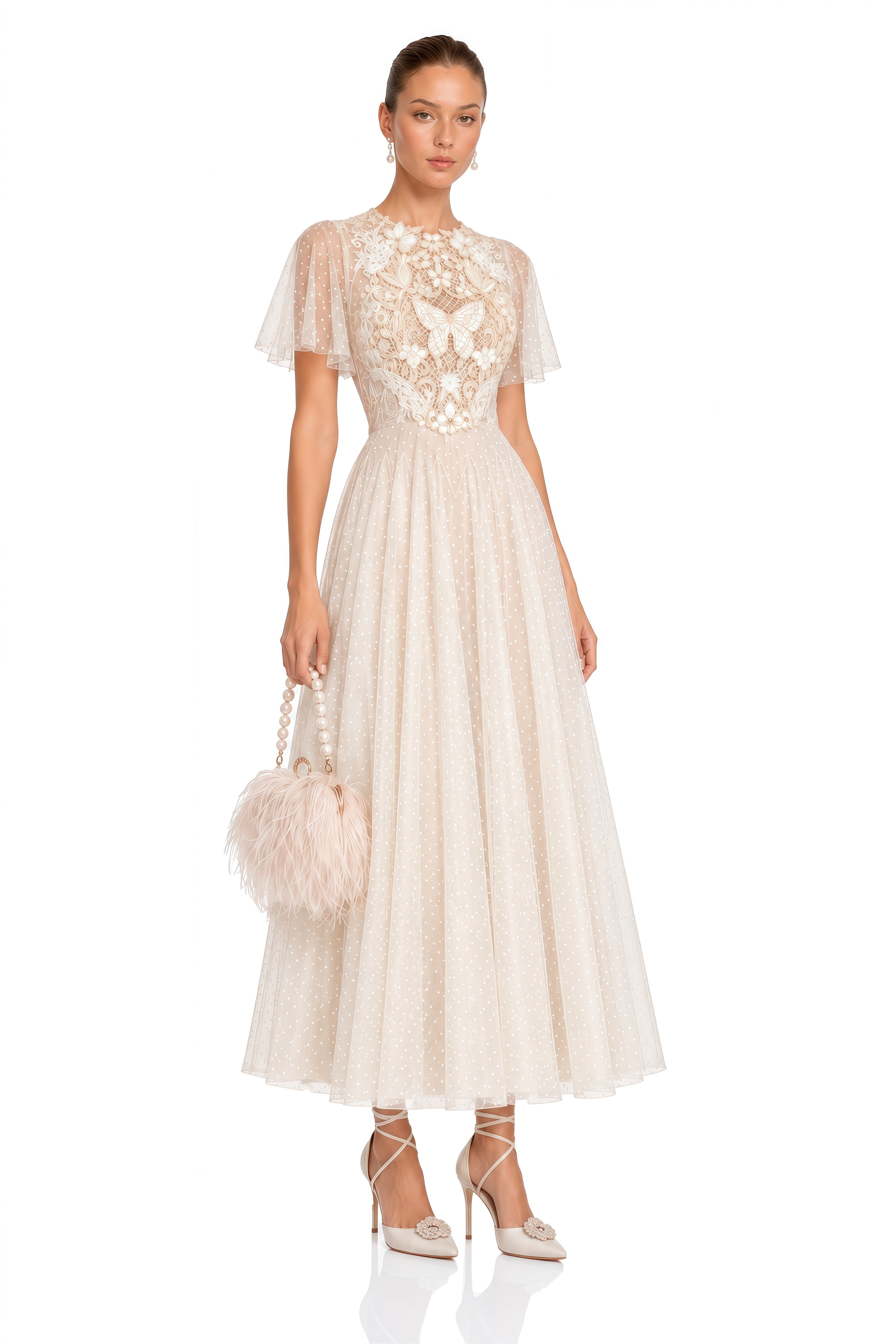 Nicolette Neutral Floral Applique Pleated Tulle Midi Dress